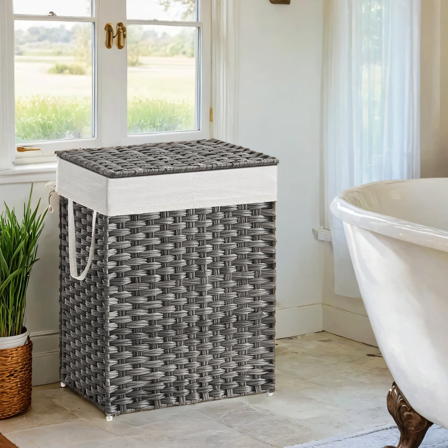 Double Compartment Laundry Hamper with Lid - 90L Capacity, 2 Removable Washable Liners, 6 Mesh Bags, Steel Frame & Wicker,  Design for Bathroom Storage, Gray
