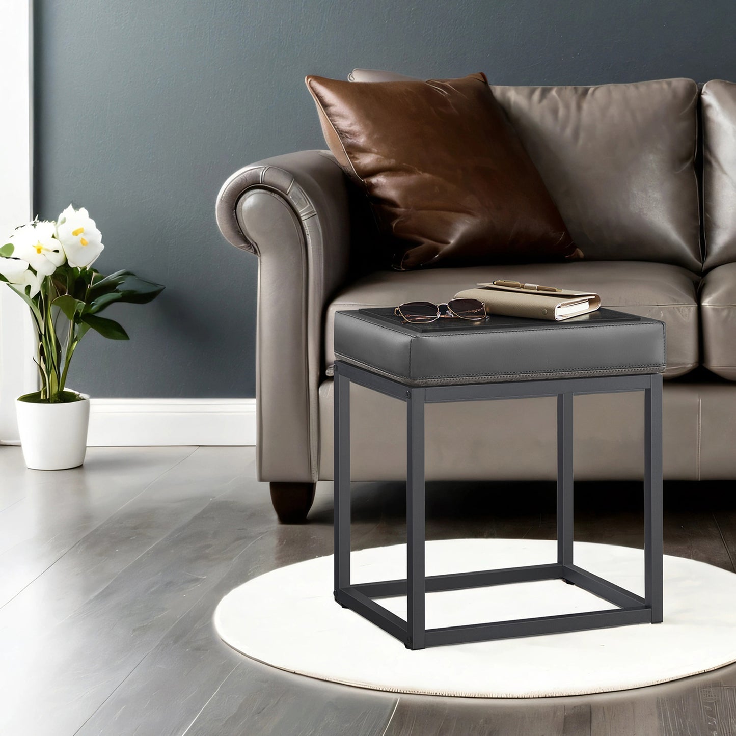 Rectangular Ottoman Footstool with Reversible Top, Vanity Chair and Side Table, Max Load 660 lb for Living Room and Bedroom, Dove Gray