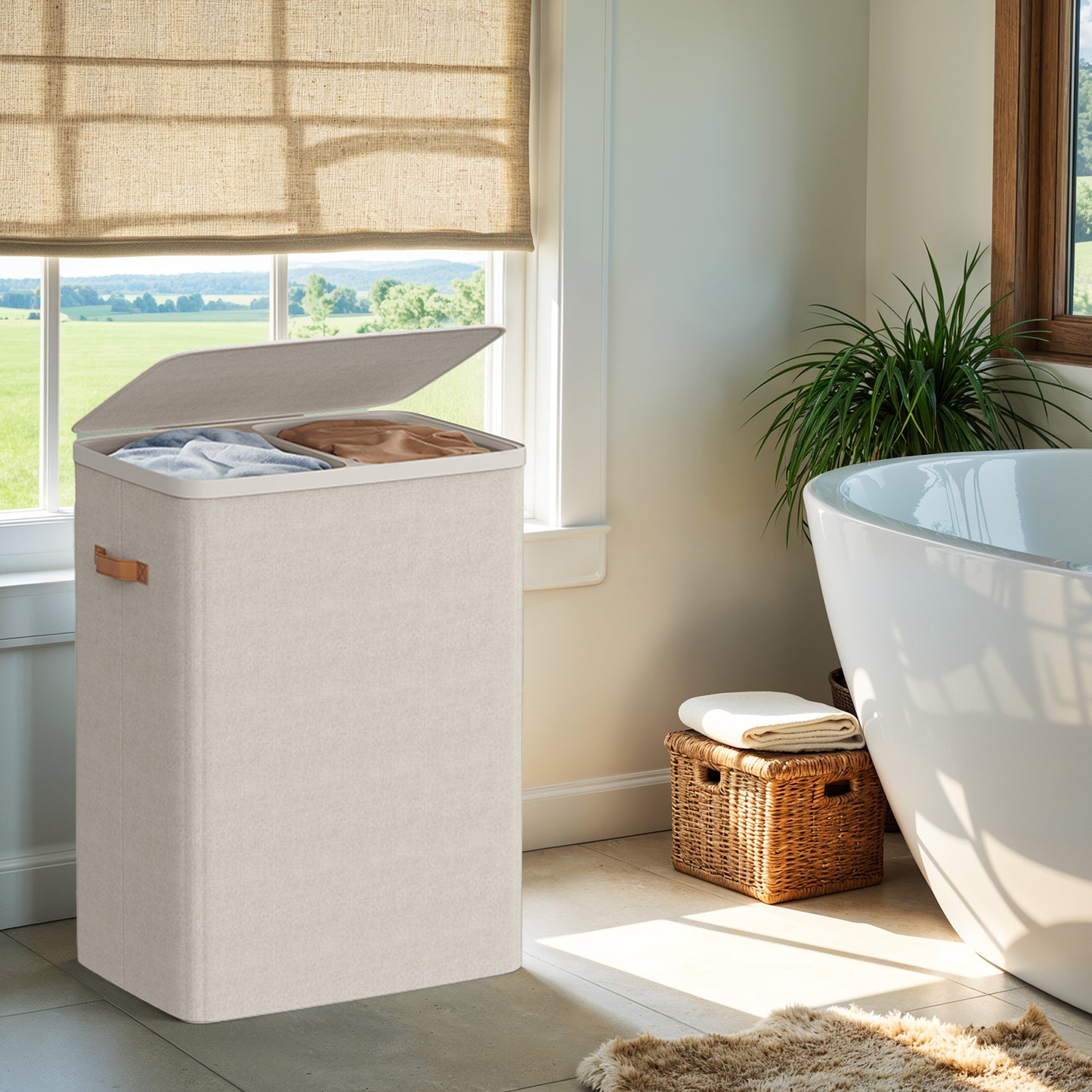 2-Compartment Laundry Hamper with Removable Inner Bags, 44.9 Gal Capacity, Foldable & Easy Assembly, Dust-Proof Lid, Handles for Portability, Cappuccino Beige