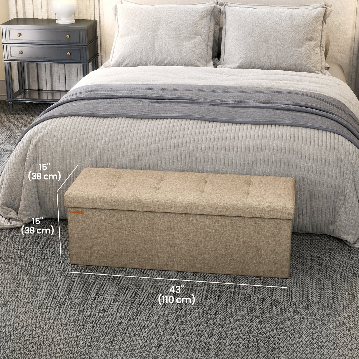 Collection - 43" Foldable Storage Ottoman Bench, 660 lb Capacity, Tufted Linen-Look, Multi-Functional Footrest, Seat, Coffee Table, for Living Room, Bedroom, Camel Brown