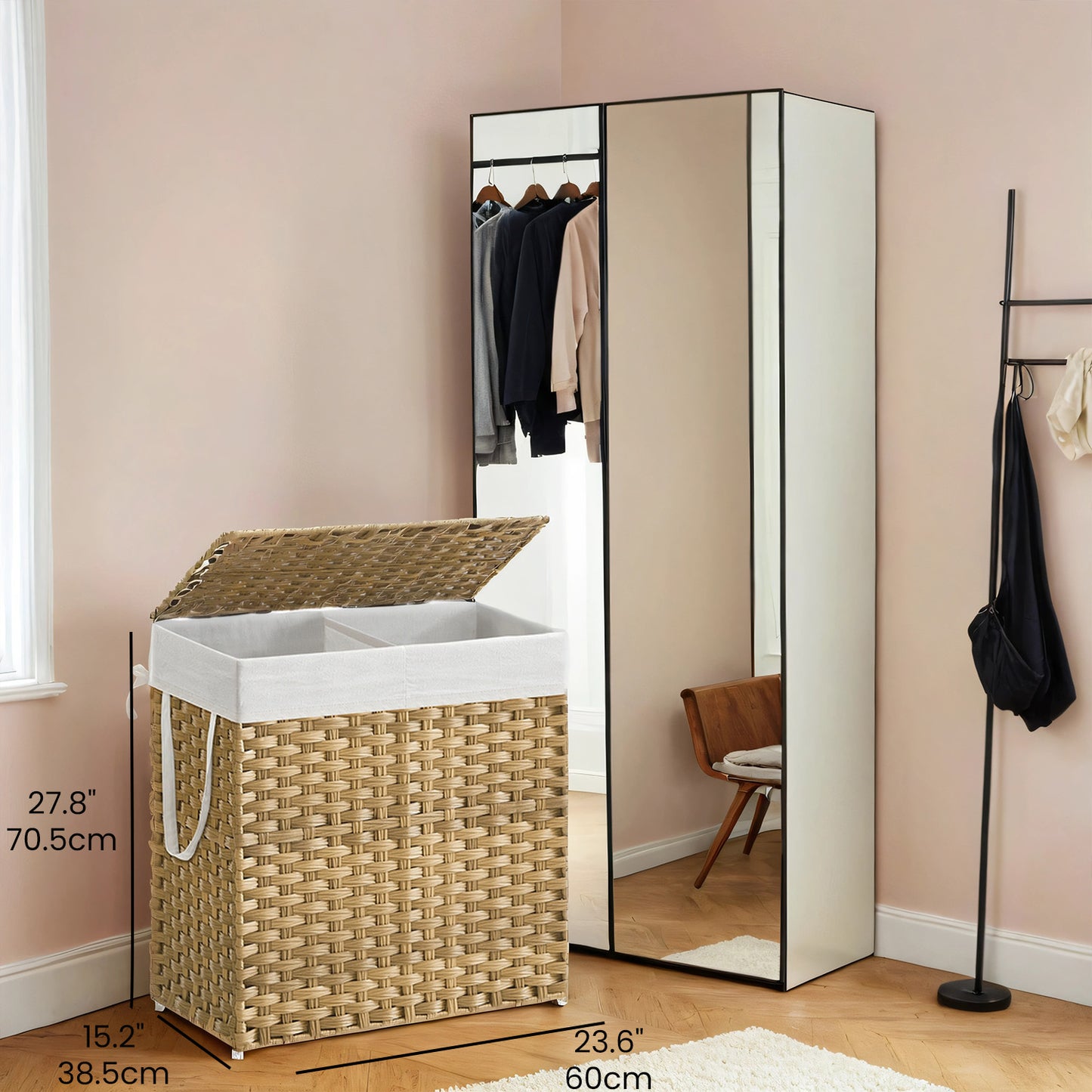Double-Section Laundry Hamper with Lid & 6 Mesh Bags – 110L Capacity, Removable Washable Liners, Sturdy Steel Frame & Rattan for Bathroom，Home – Natural