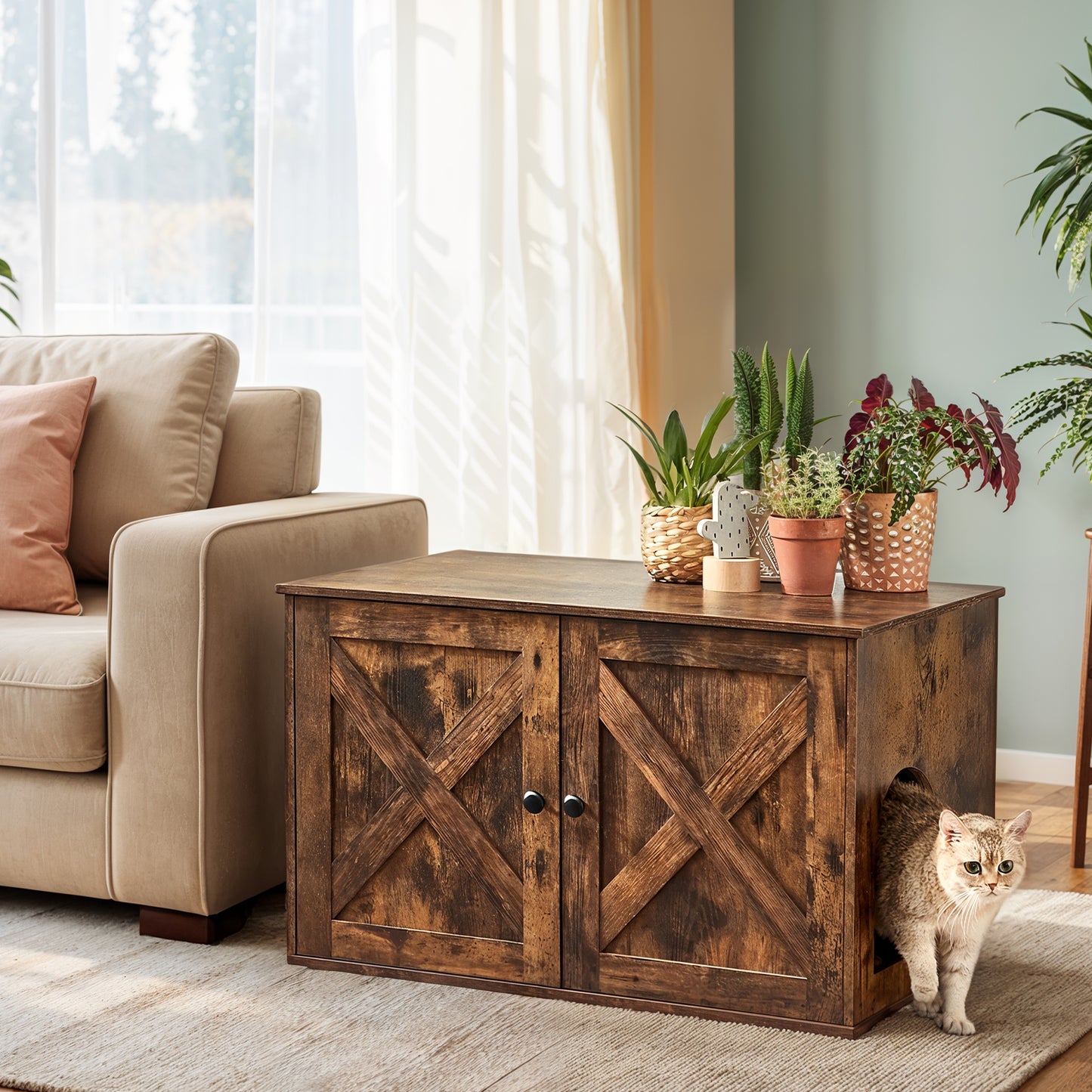 Cat Litter Box Furniture Enclosure with Barn Doors & Adjustable Space, Multi-Functional End Table for Indoor Cats, 31.5x20.9x19.7in, Rustic Brown