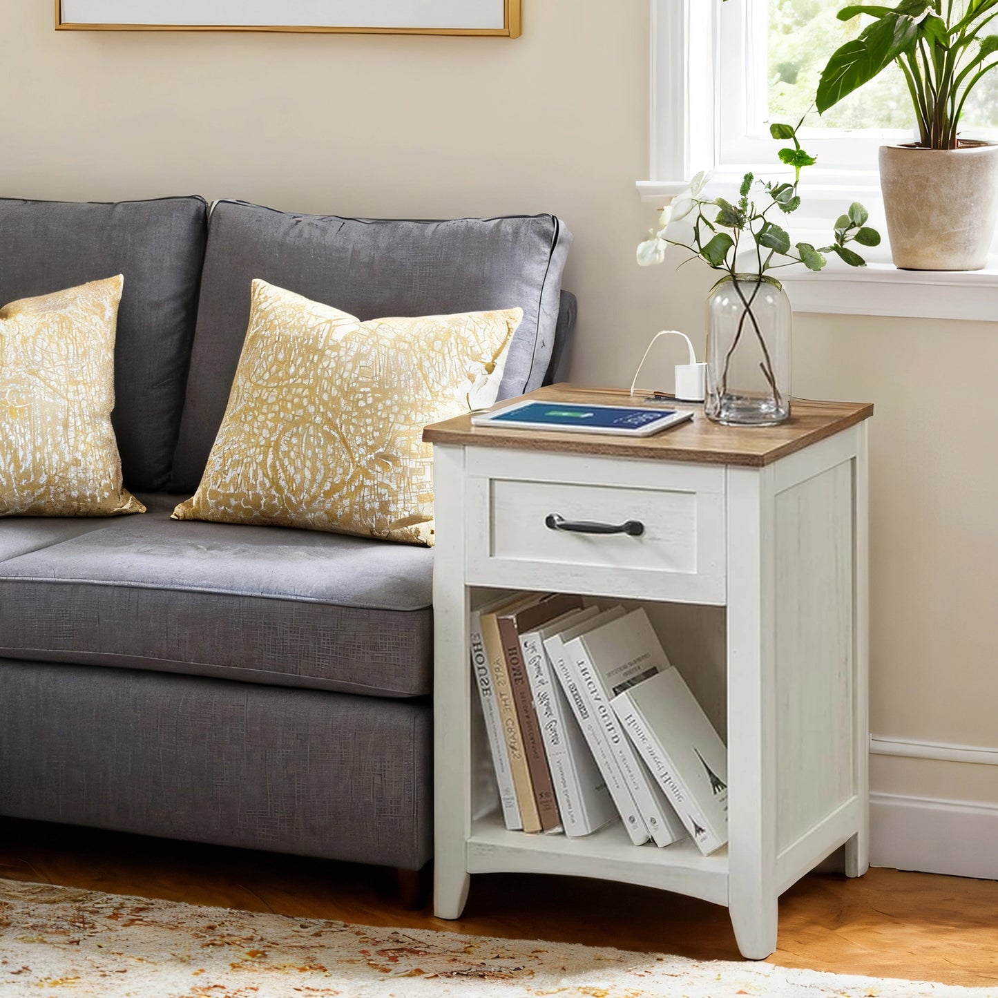 Farmhouse Nightstand Set of 2 - Rustic White Bedside Tables with Charging Station, Drawer & Open Shelf, Rustic White and Honey Brown