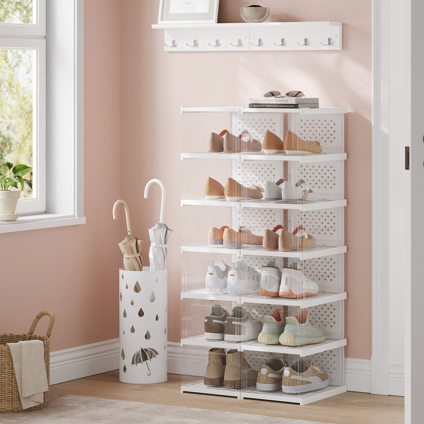 Foldable Shoe Storage Boxes - Pack of 12 Stackable Organizers with Clear Doors, Ventilated Design for US Size 13, Transparent and Cloud White