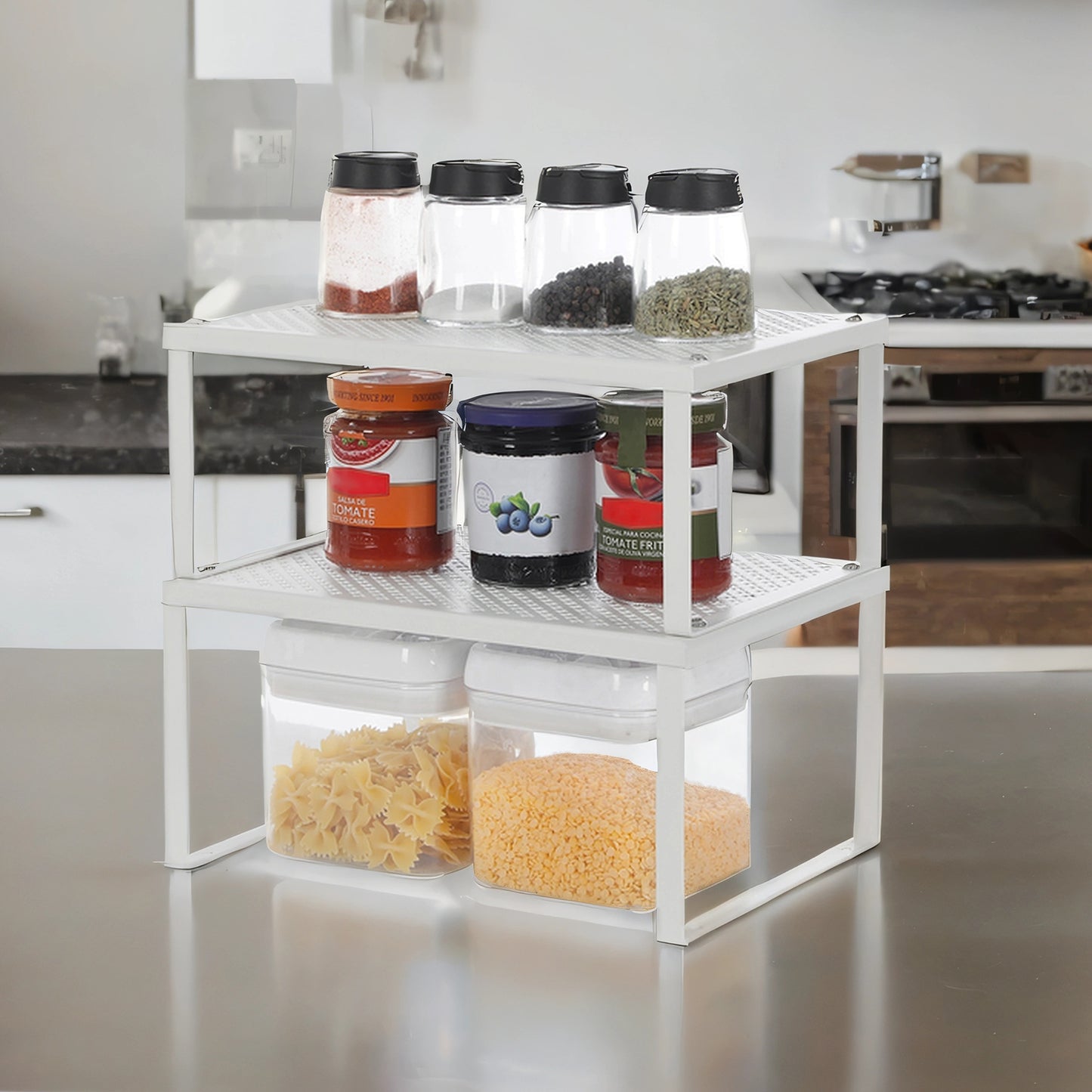 Metal Cabinet Shelf Organizers, Set of 2 Stackable & Expandable Shelf Risers, Heavy-Duty Countertop Storage for Kitchen, Cupboard, White