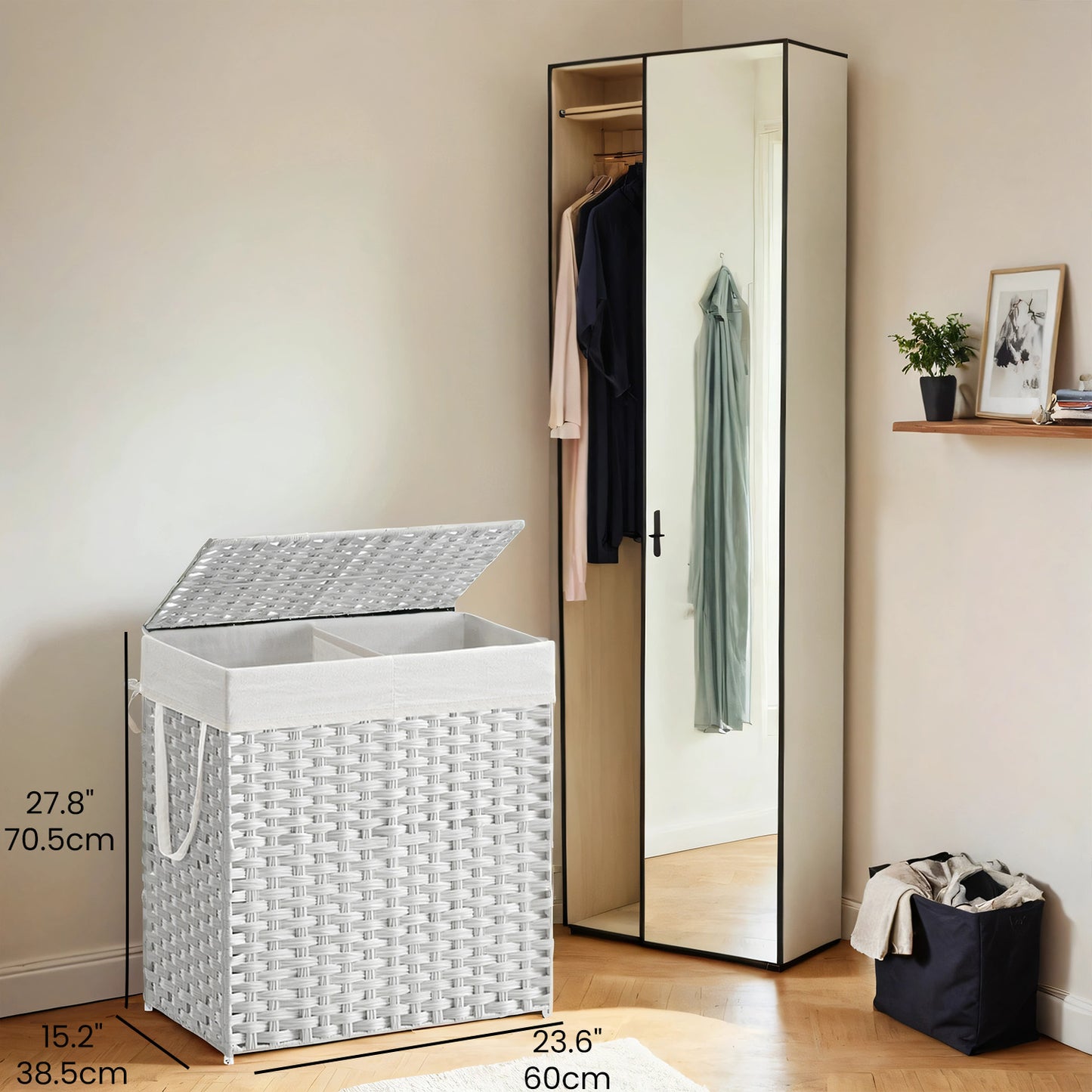 Double Laundry Hamper with Lid - 110L Capacity, 2 Removable Washable Liners & 6 Mesh Bags, Steel Frame & Breathable Rattan, 2-Section Sorting for Laundry Room, White