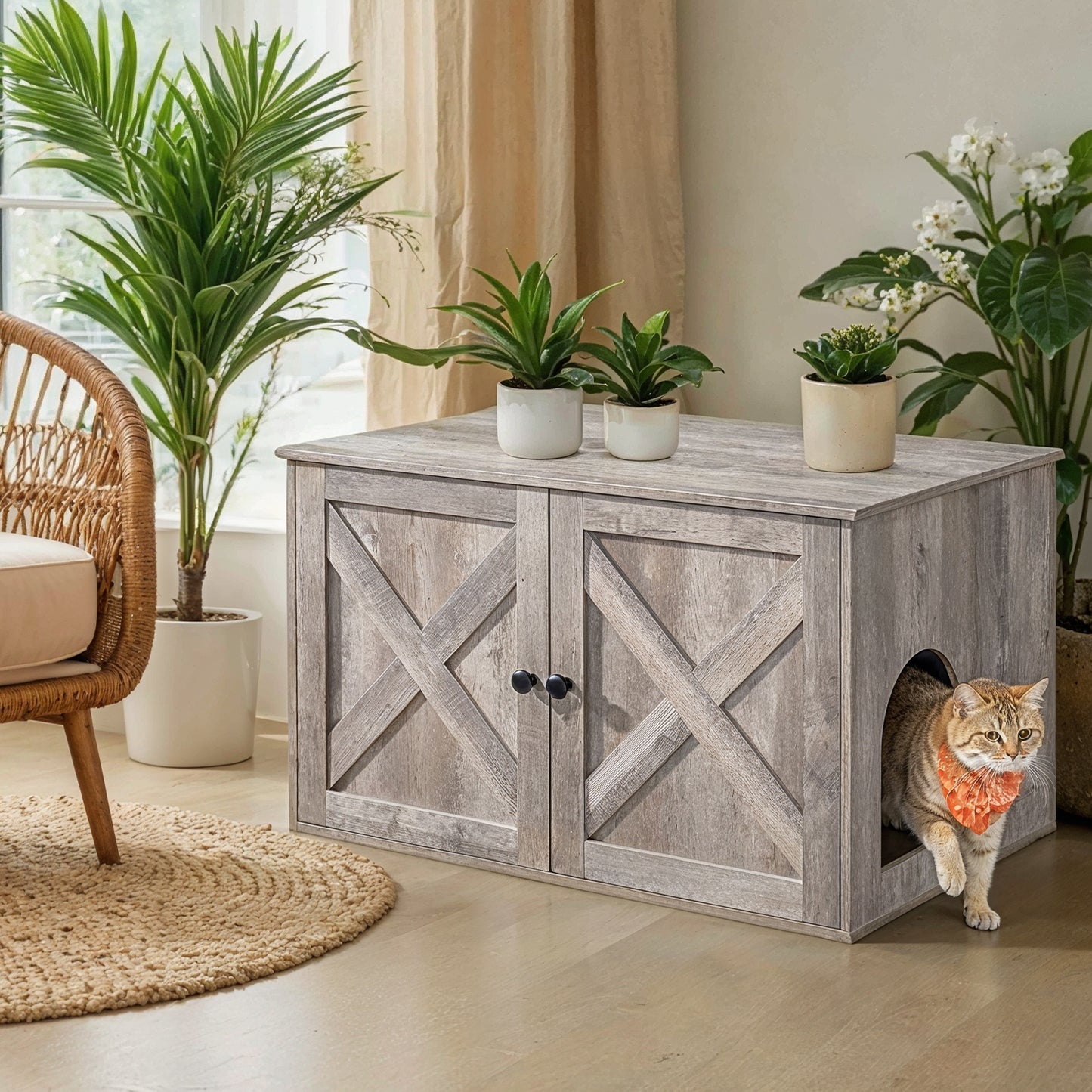 Cat Litter Box Furniture - Hidden Enclosure with Barn Doors & Removable Divider, Multi-Functional End Table for Indoor Cats, 31.5" x 20.9" x 19.7", Greige