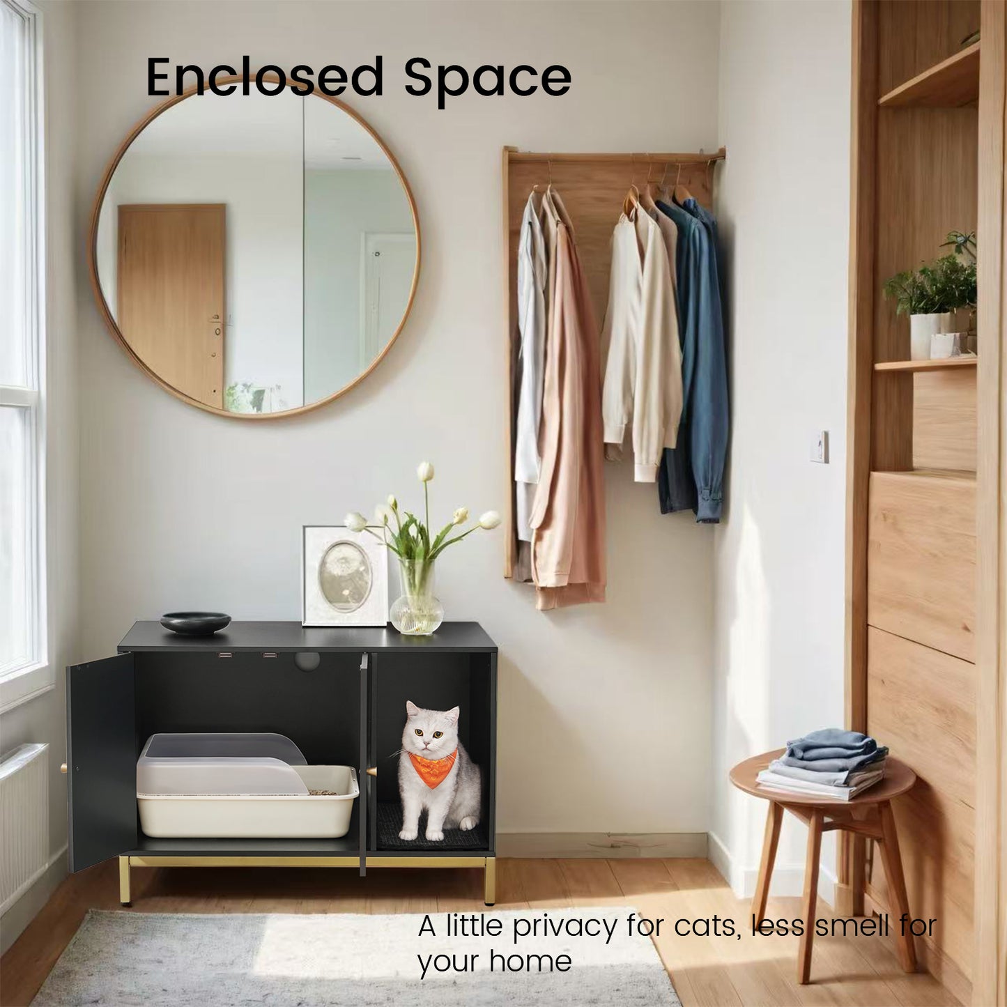 Modern Cat Litter Box Furniture - Hidden Enclosure with Scratching Mat, Dual Doors, Side Table Function, Black and Gold