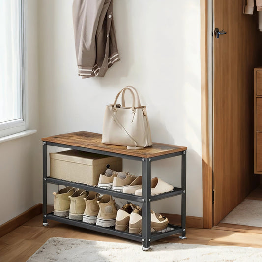3-Tier Shoe Rack Bench with Seat, Free Standing Shoe Organizer with Mesh Shelves for Entryway, Holds 6-8 Pairs, 198lb Capacity,Rustic Brown and Black