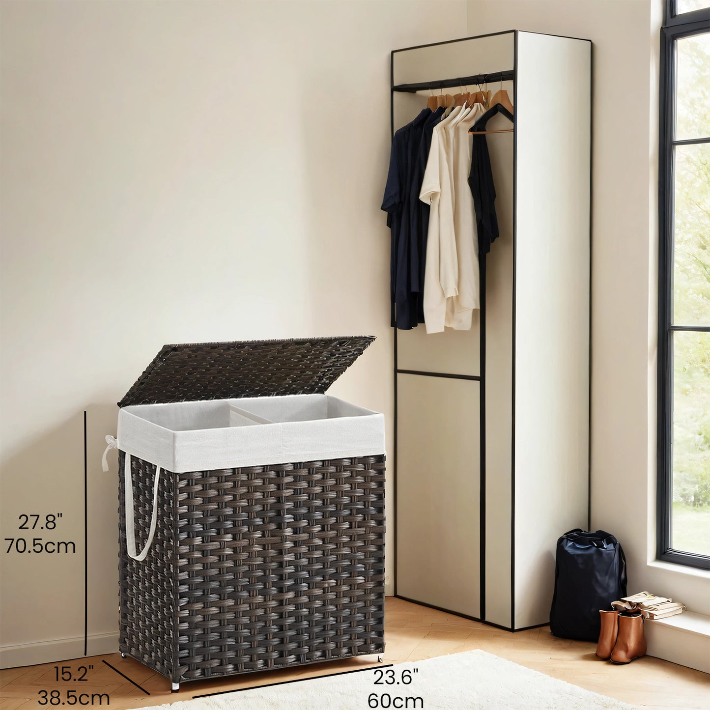Double Laundry Hamper with Lid, 110L Capacity, 2 Removable Washable Liners & 6 Mesh Bags, Steel Frame & Wicker Design for Bathroom, Bedroom, Darks & Whites Sorting, Gray