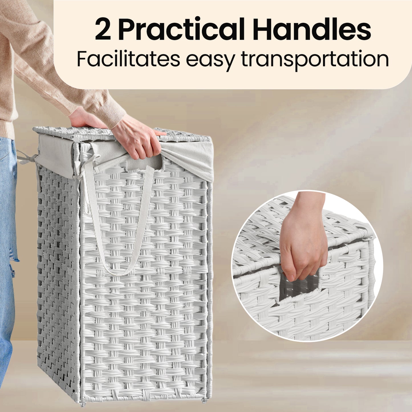 Foldable Laundry Hamper with Removable Liner & Lid – 23.8 Gallon (90L) Synthetic Rattan Basket, Handles, Space-Saving for Bedroom，Bathroom, Machine-Washable, Cloud White