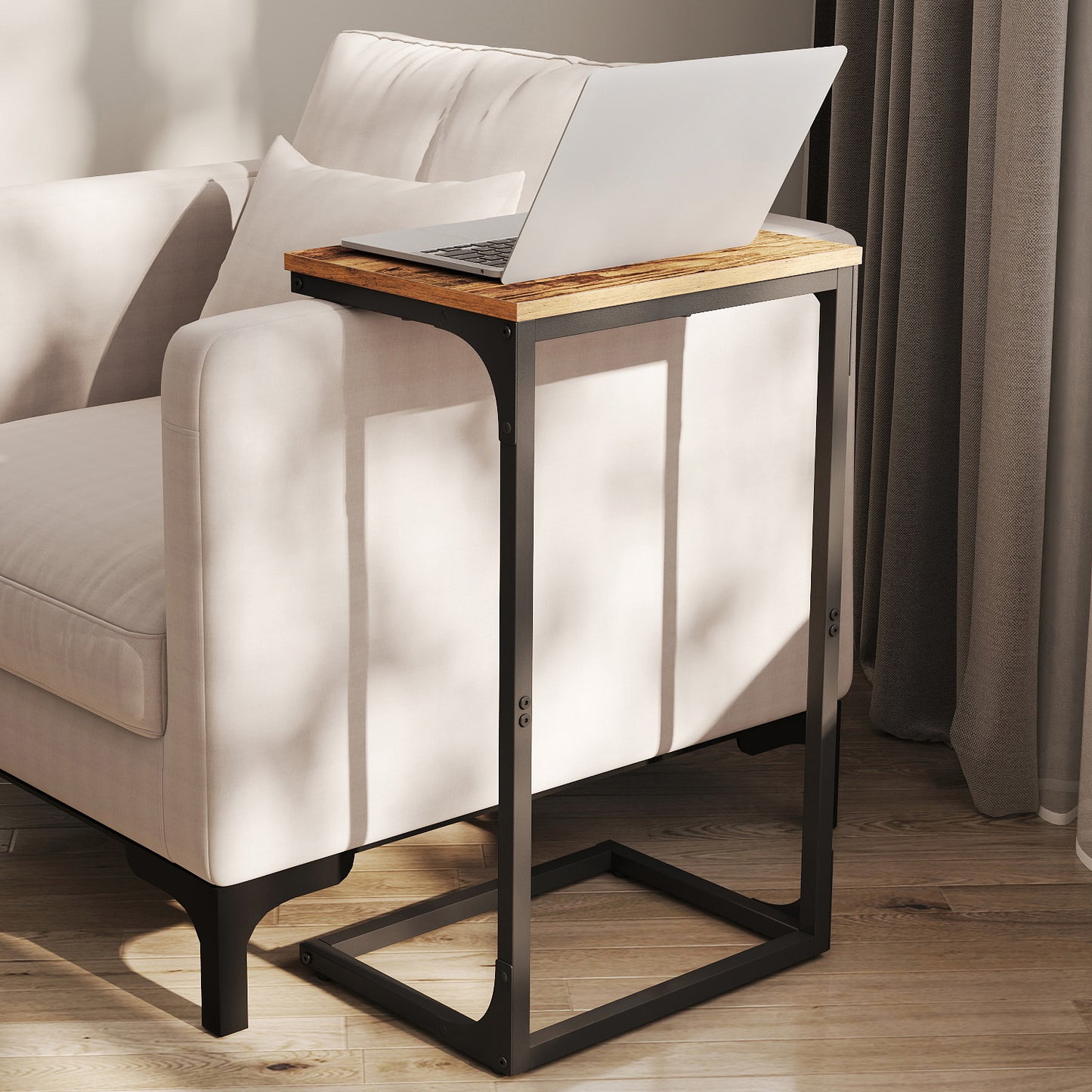 C-Shaped End Table - Sofa Side Table with Metal Frame, Space-Saving Design, 26.3" Height, Rustic Brown and Black