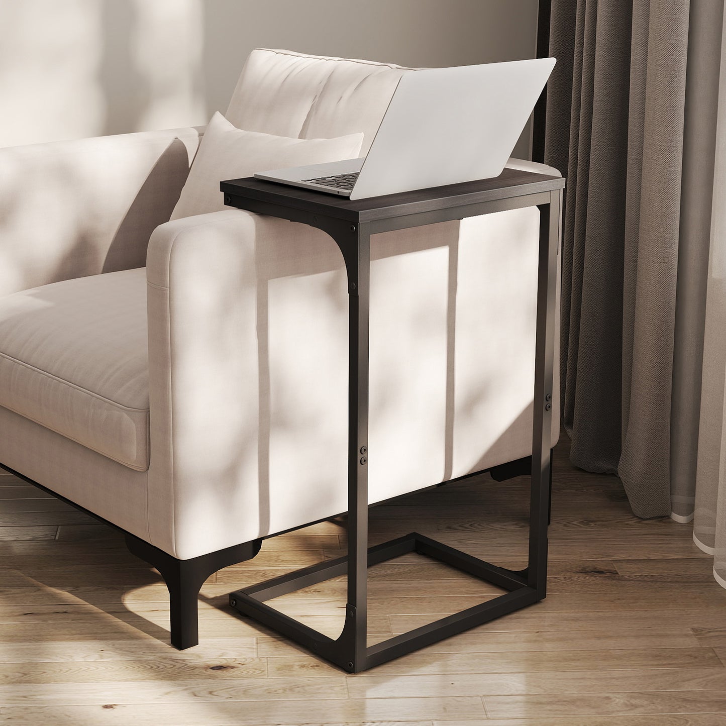 C-Shaped End Table - Sofa Side Table with Metal Frame, Space-Saving Design, 26.3" Height, Ebonized Oak and Black