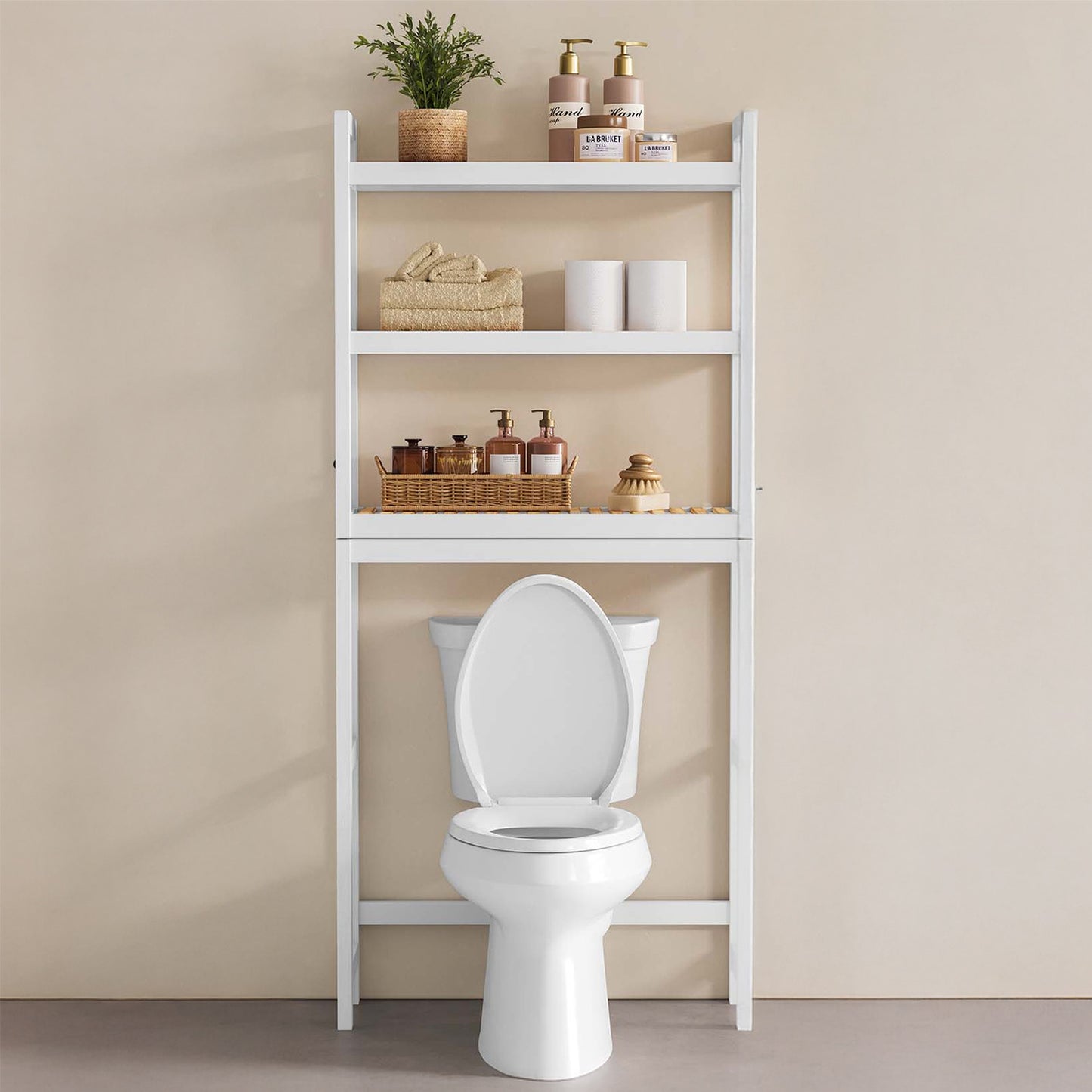 3-Tier Over-The-Toilet Shelf Organizer, Adjustable Bamboo Storage with Hooks & TP Holder, Space-Saving Design for Bathroom, Cloud White , Natural Beige