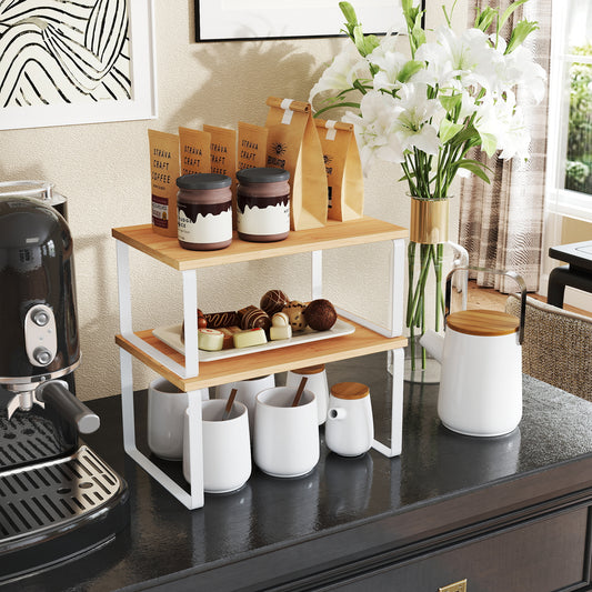 Kitchen Cabinet Organizer Shelf Set - 4-Tier Stackable & Expandable Storage Rack, Spice & Pantry Shelf, Metal，Wood Design, White，Beige