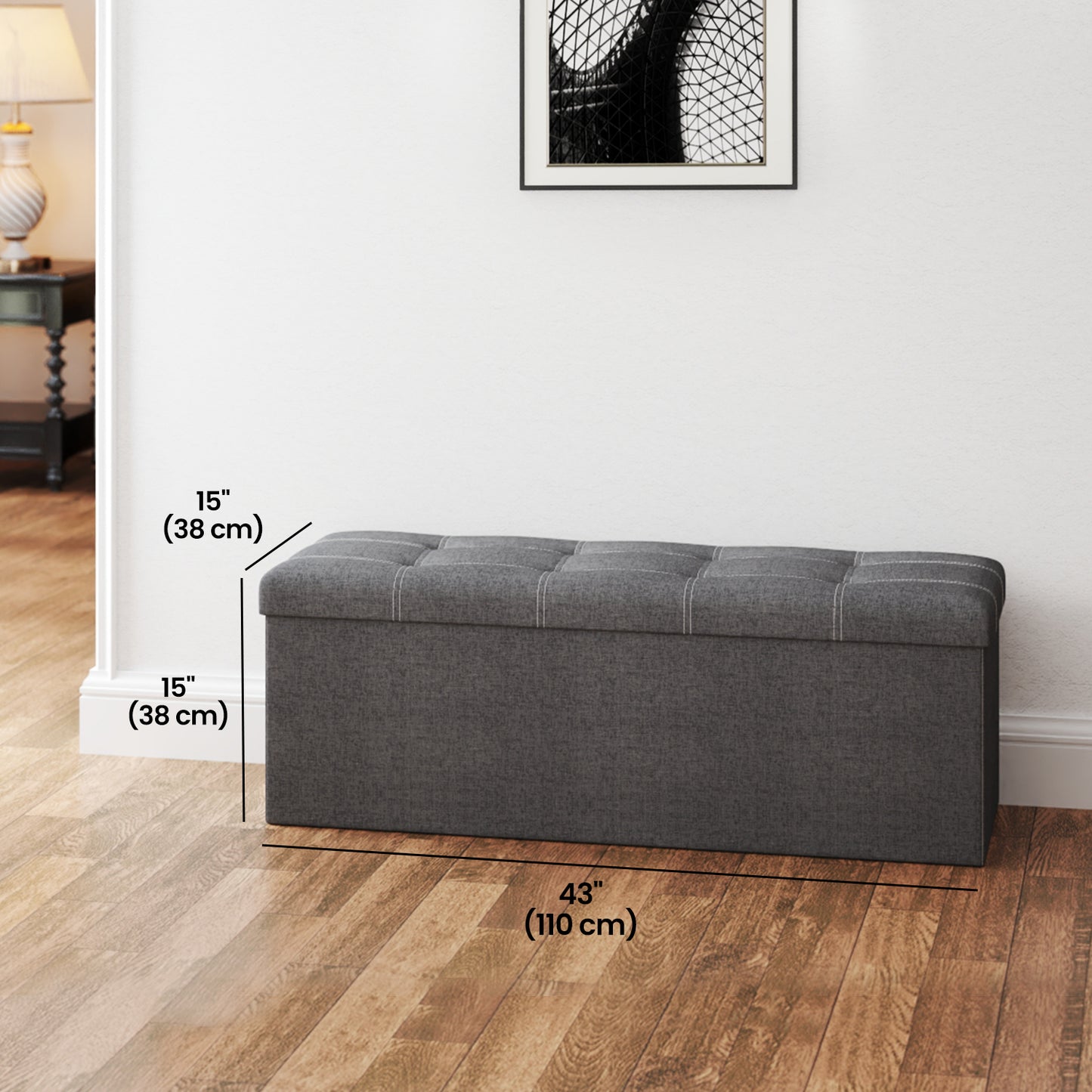 Collection Storage Ottoman Bench, 43" Extra Large 35 Gal Capacity, 660 lb Weight Capacity, Sturdy MDF Frame with Linen-Look Fabric, Multi-Functional for Living Room, Entryway, Bedroom, Dark Gray