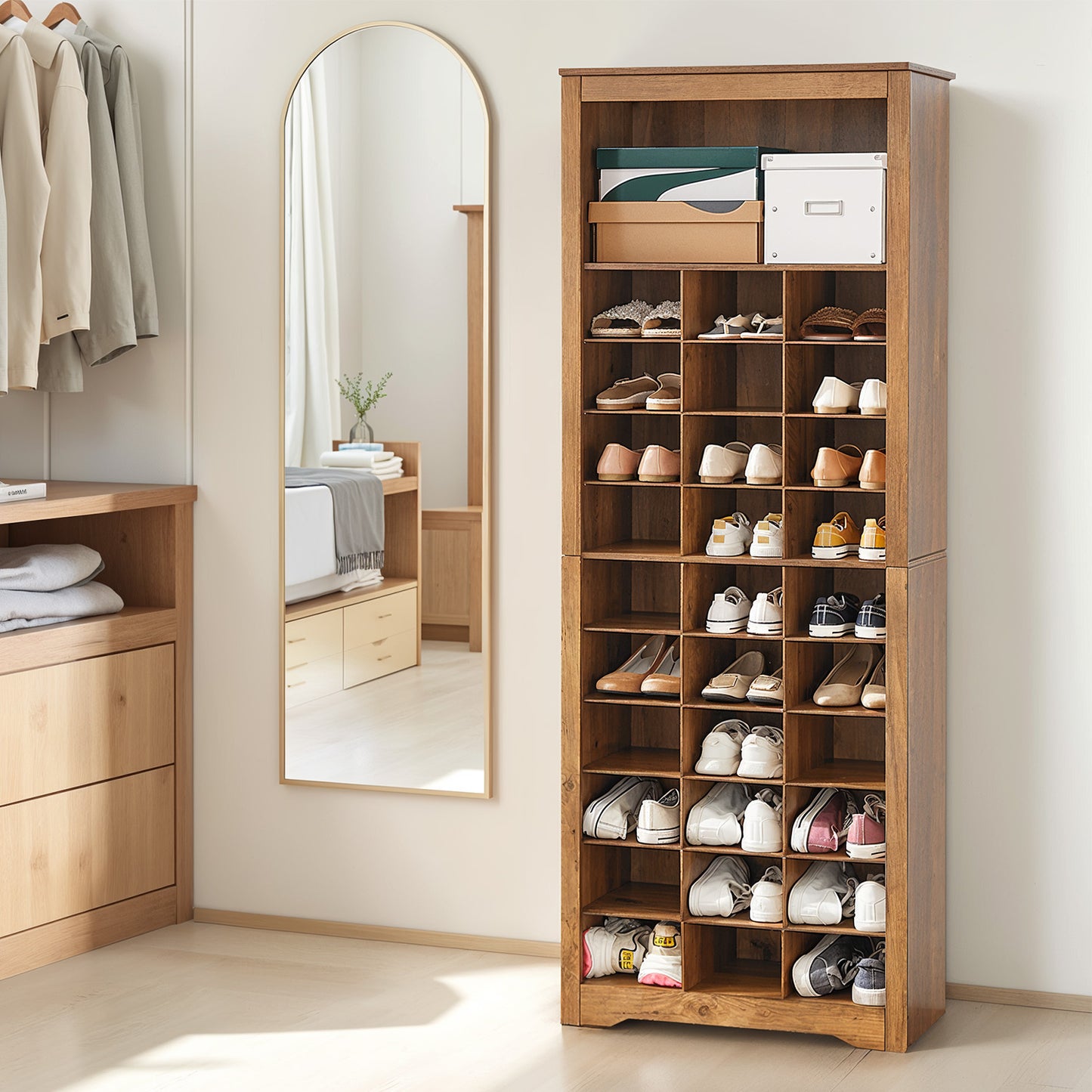 10-Tier Shoe Storage Cabinet Organizer, Tall Space-Saving Design for Entryway, Bedroom, Holds 30 Pairs, Adjustable Shelves, Rustic Walnut