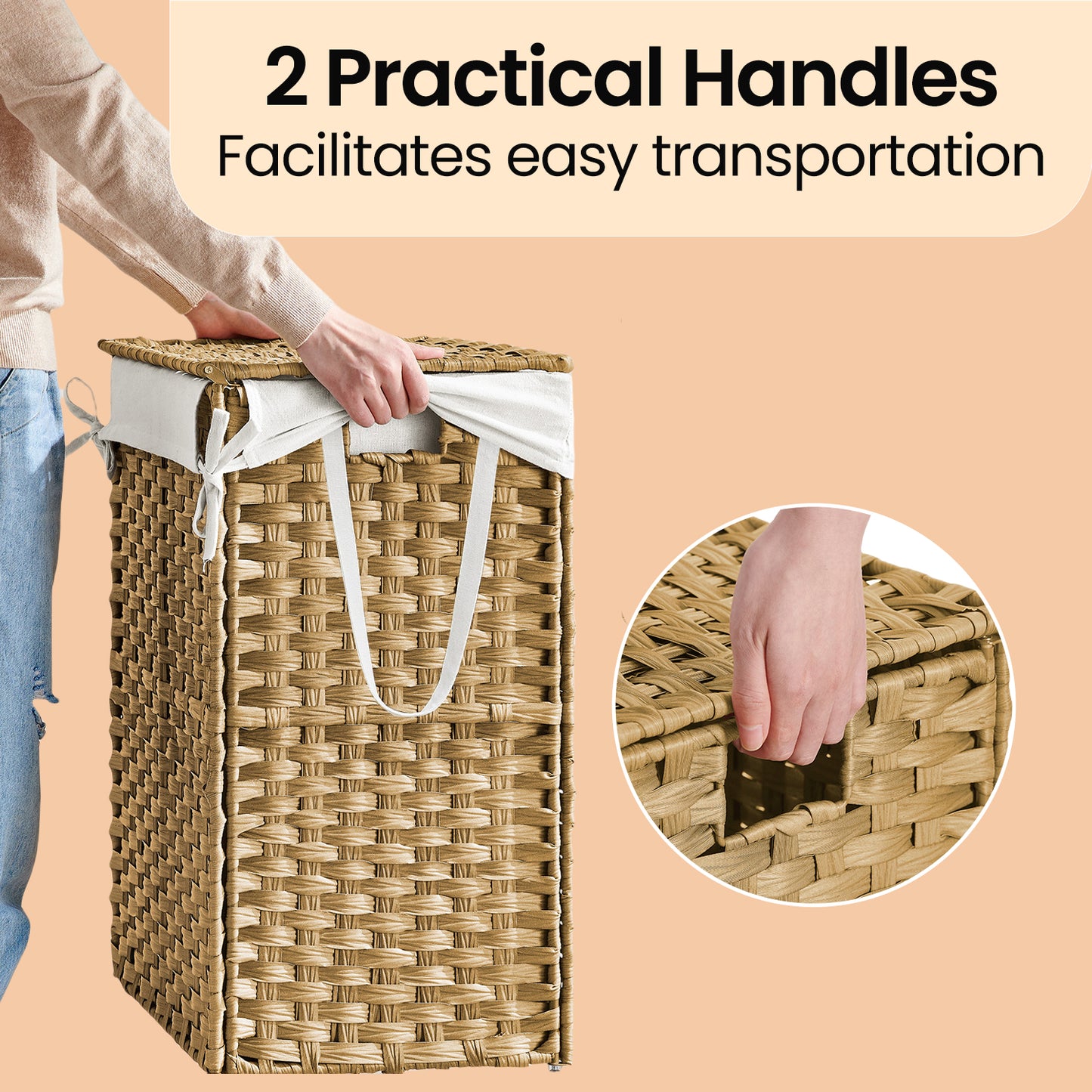 Foldable Laundry Hamper with Removable Liner & Lid – 23.8 Gallon (90L) Synthetic Rattan Basket, Handles for Easy Carry, Space-Saving Design, Fits Bathroom，Bedroom, Goose Yellow