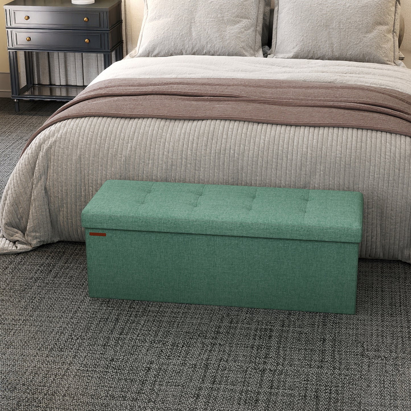 43" Foldable Storage Ottoman Bench, 660 lb Capacity, Tufted Linen-Look, Multi-Functional Footrest，Seat，End-of-Bed Chest, Quick Assembly, Retro Green
