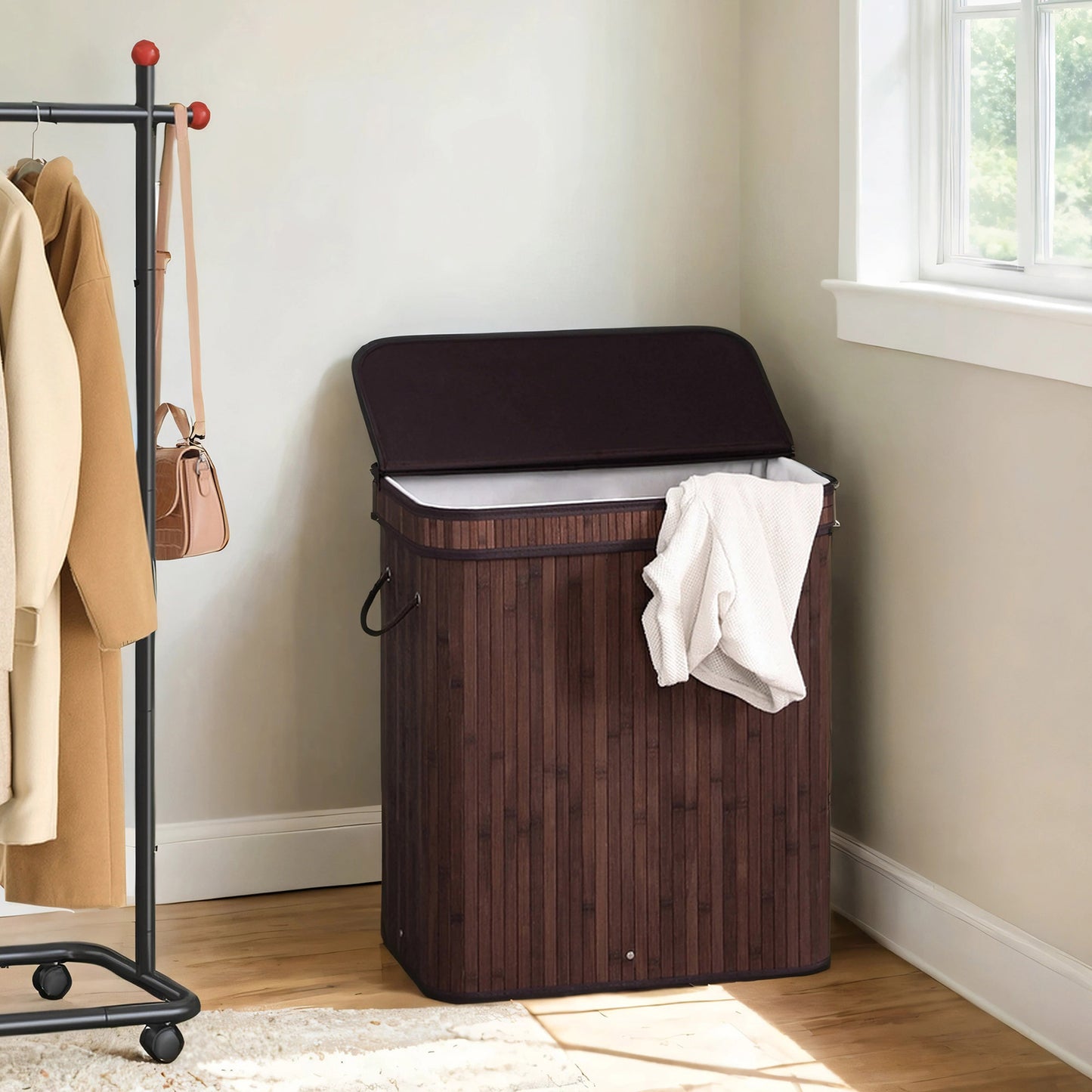 Foldable Bamboo Laundry Hamper with Removable Liner & Lid, 100L Storage Basket for Clothes, Bedding, Blankets, Handles for Easy Carry, Brown