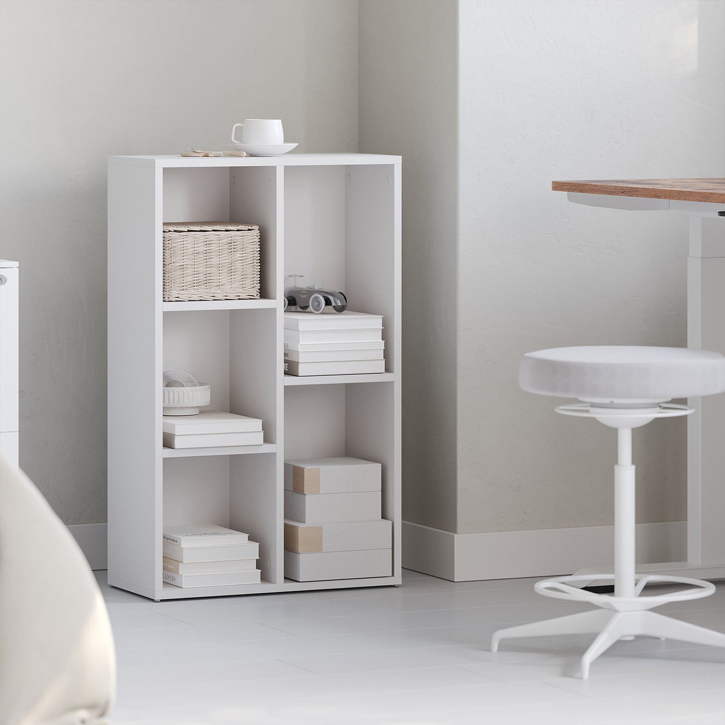 5-Tier Bookcase with Cubes, Space-Saving Shelf Organizer for Living Room, Bedroom, Office, 22lb/Compartment, Freestanding, White