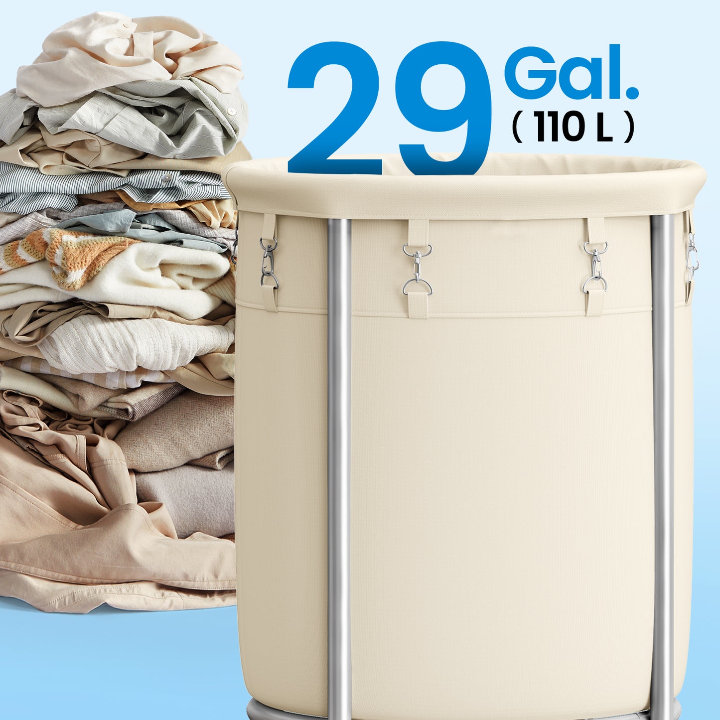 29-Gal Rolling Laundry Hamper with Wheels, Steel Frame & Removable Bag, 4 Casters (2 Brakes), Cream and Silver