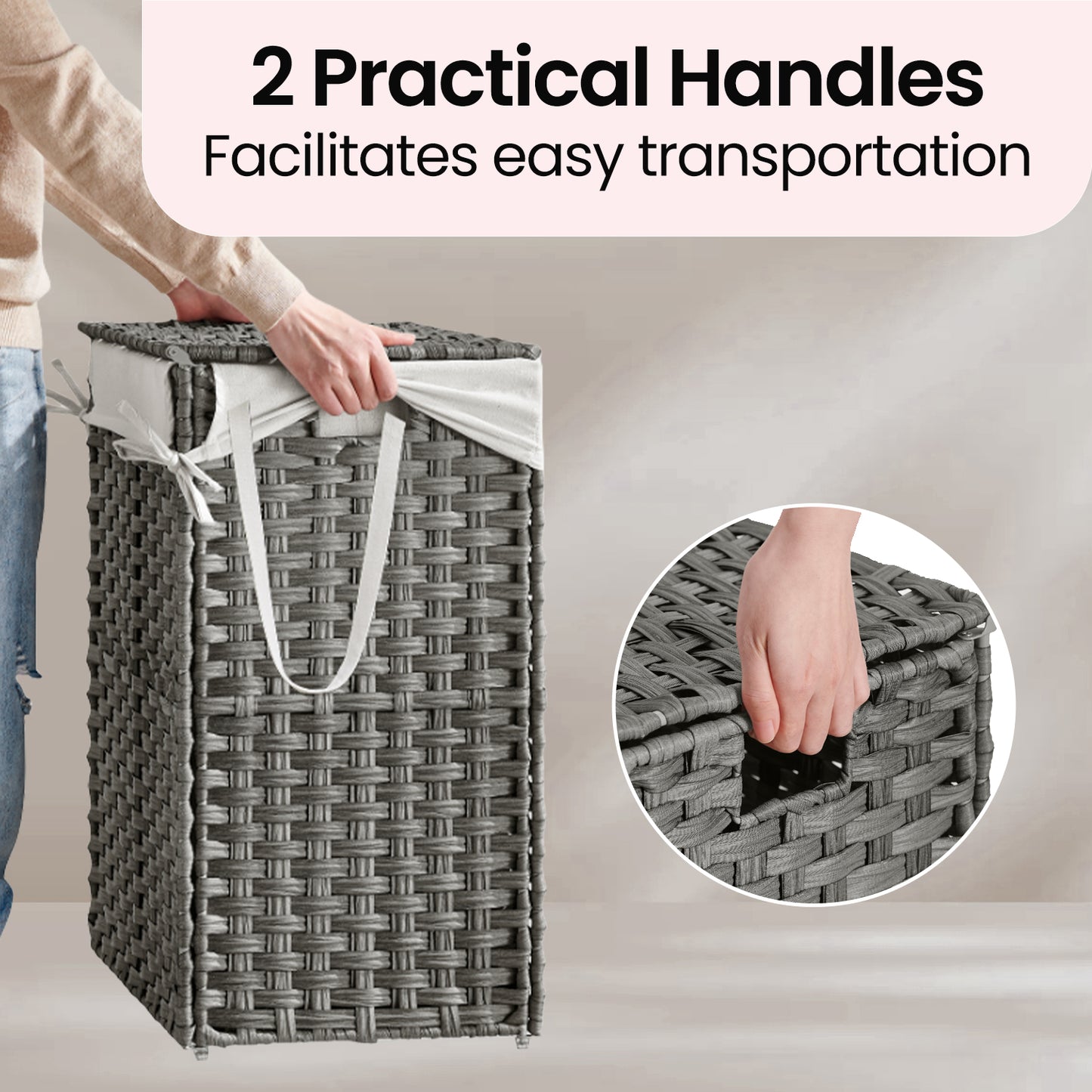 Foldable Laundry Hamper Basket with Removable Liner & Lid, 23.8 Gallon (90L) Waterproof Synthetic Rattan, Space-Saving for Bathroom，Bedroom, Handles for Easy Carry, Dove Gray