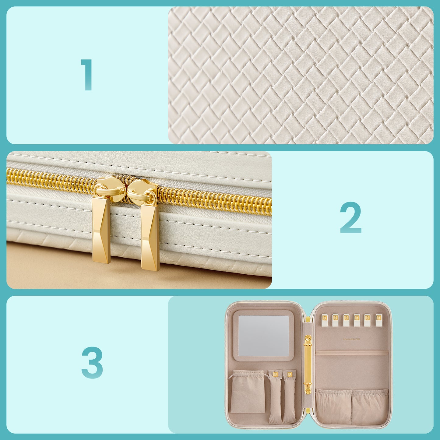 Luxury Hard Shell Jewelry Case with 6 Binder Pages & Mirror, Woven PU Leather Travel Organizer with Velvet Pouch, Cloud White