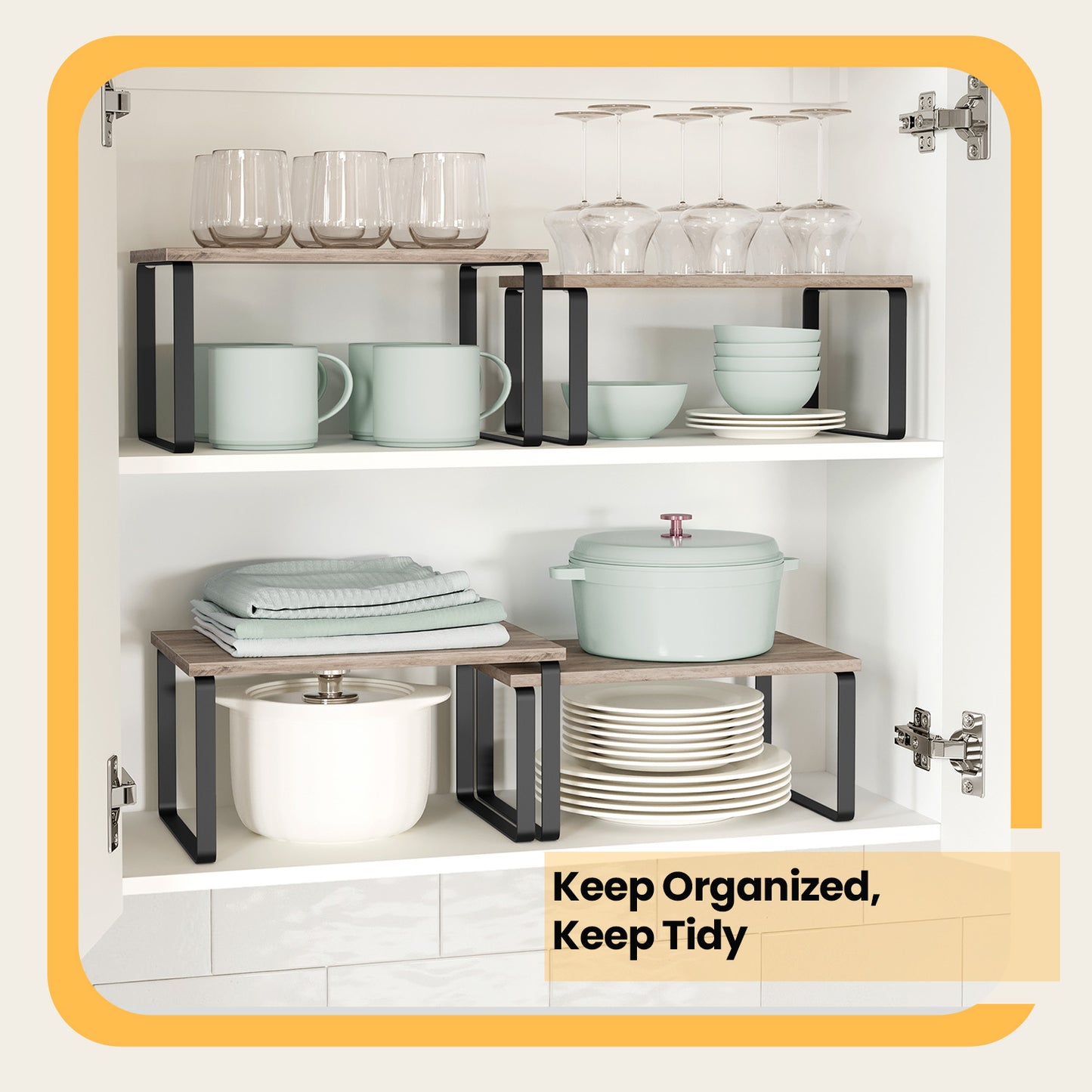 2-Tier Stackable Shelf Organizer - Metal/Wood Kitchen Storage Rack, 33lb Capacity, Adjustable Layout, Multi-Purpose, Ink Black and Heather Greige