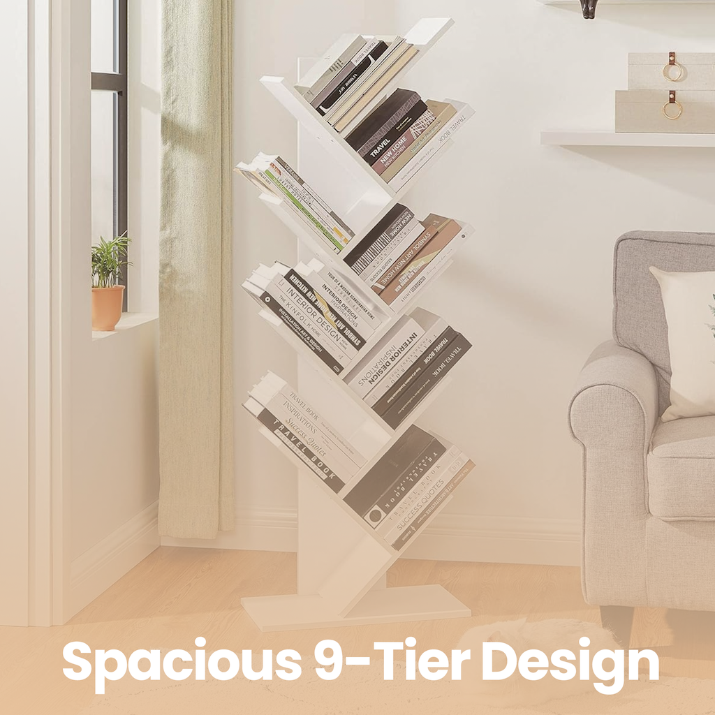 9-Tier Tree Bookshelf, Space-Saving Corner Bookcase for Living Room, Bedroom, Office, Holds 22lb/Shelf, Anti-Tip Design, Cloud White