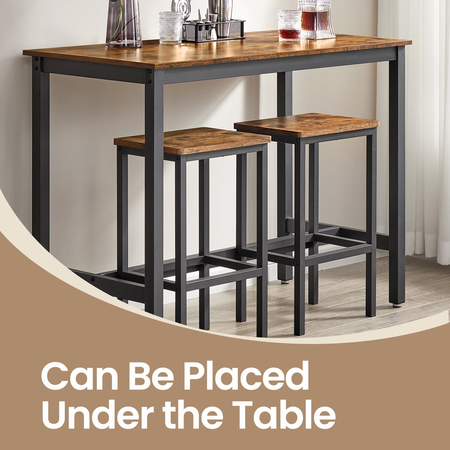 Industrial Bar Table, Kitchen Counter Height Dining Table for Living Room, Game Room or Party Space, Black Steel Frame, Brown and Black