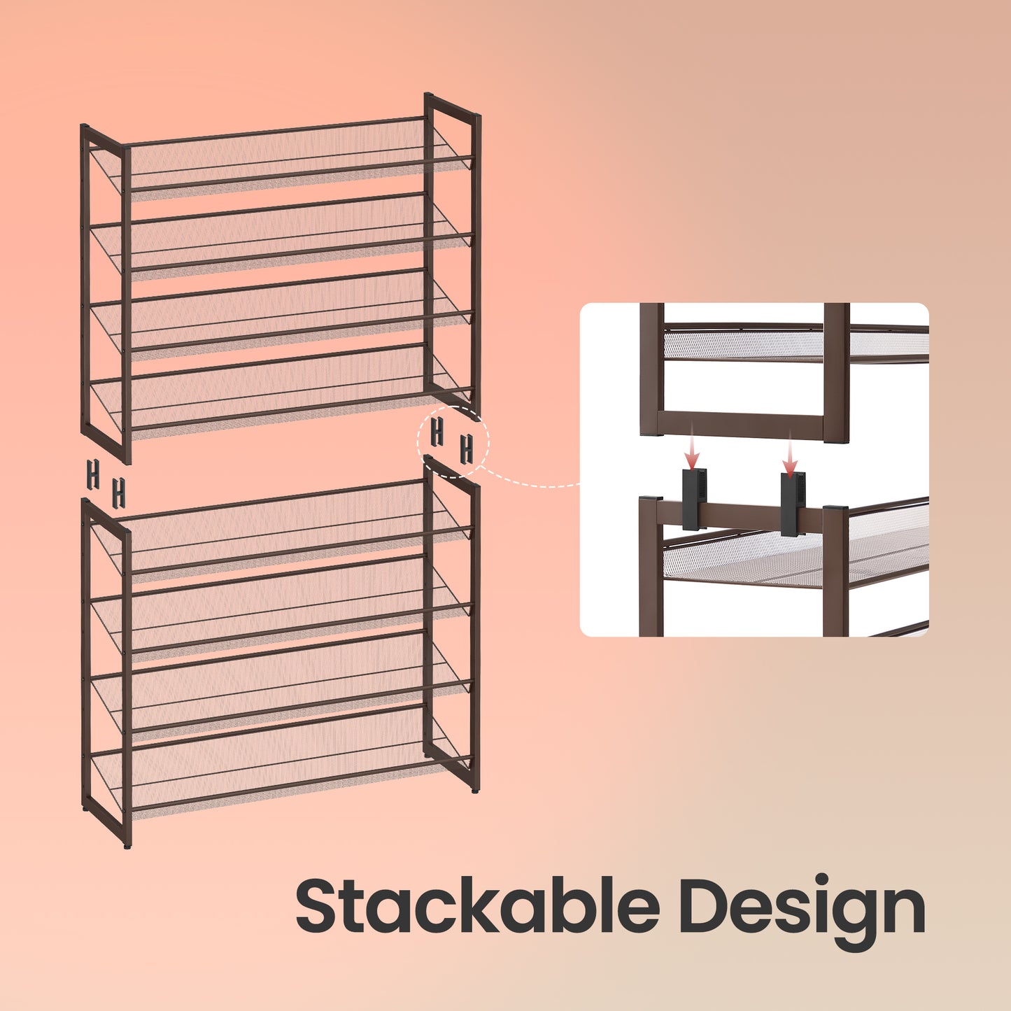 8-Tier Shoe Rack Organizer, Stackable & Adjustable Shelves (Flat，Angled), Metal Frame, Holds 32-40 Pairs, Convertible to 2x 4-Tier, Bronze