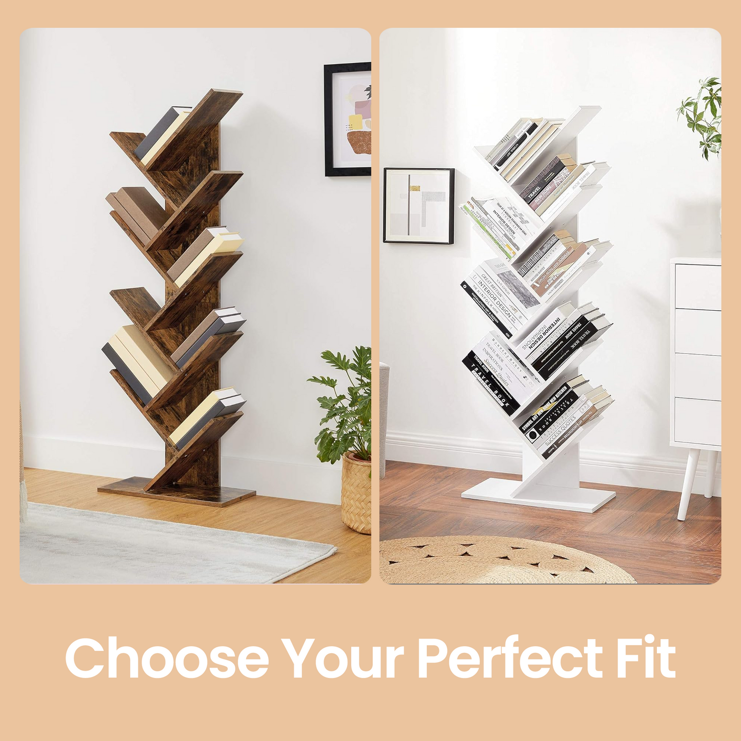 9-Tier Tree Bookshelf, Corner Bookcase with Anti-Tip Kit, Space-Saving Design, Holds 22lb/Layer, for Books, CDs, Toys, Rustic Brown