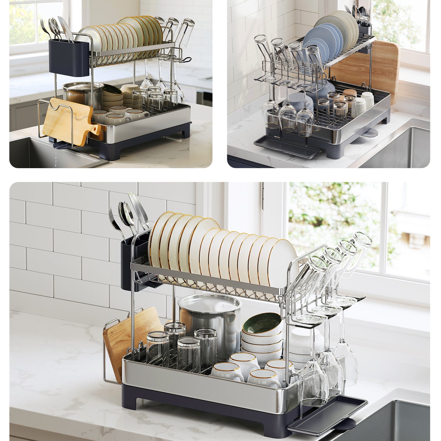 2-Tier Stainless Steel Dish Rack - Space Saving Design with Rotating Spout, Complete Drying System, Utensil & Glass Holders, Silver and Gray