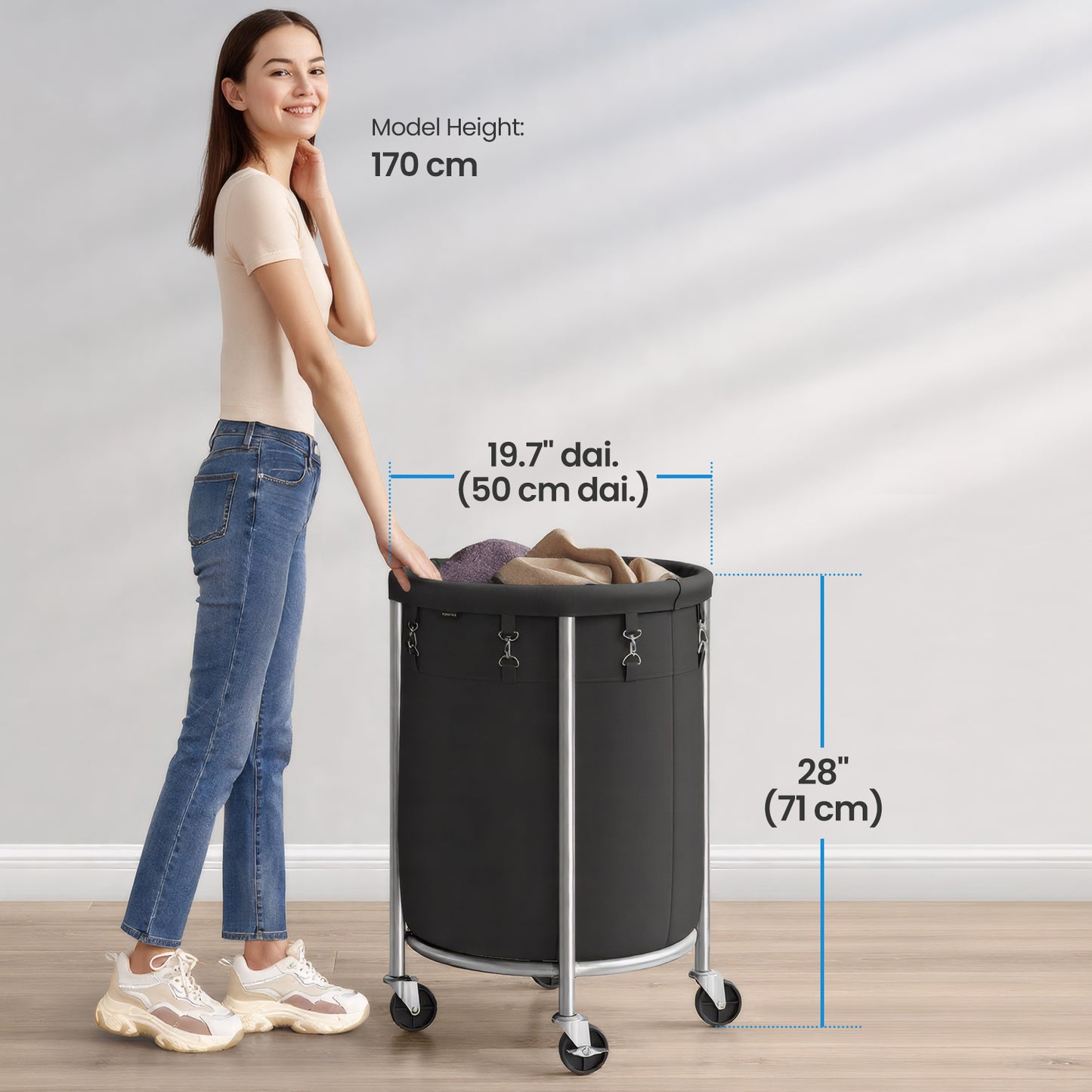 29-Gal Rolling Laundry Hamper with Wheels, Steel Frame & Removable Bag, 4 Casters (2 Brakes), Black and Silver