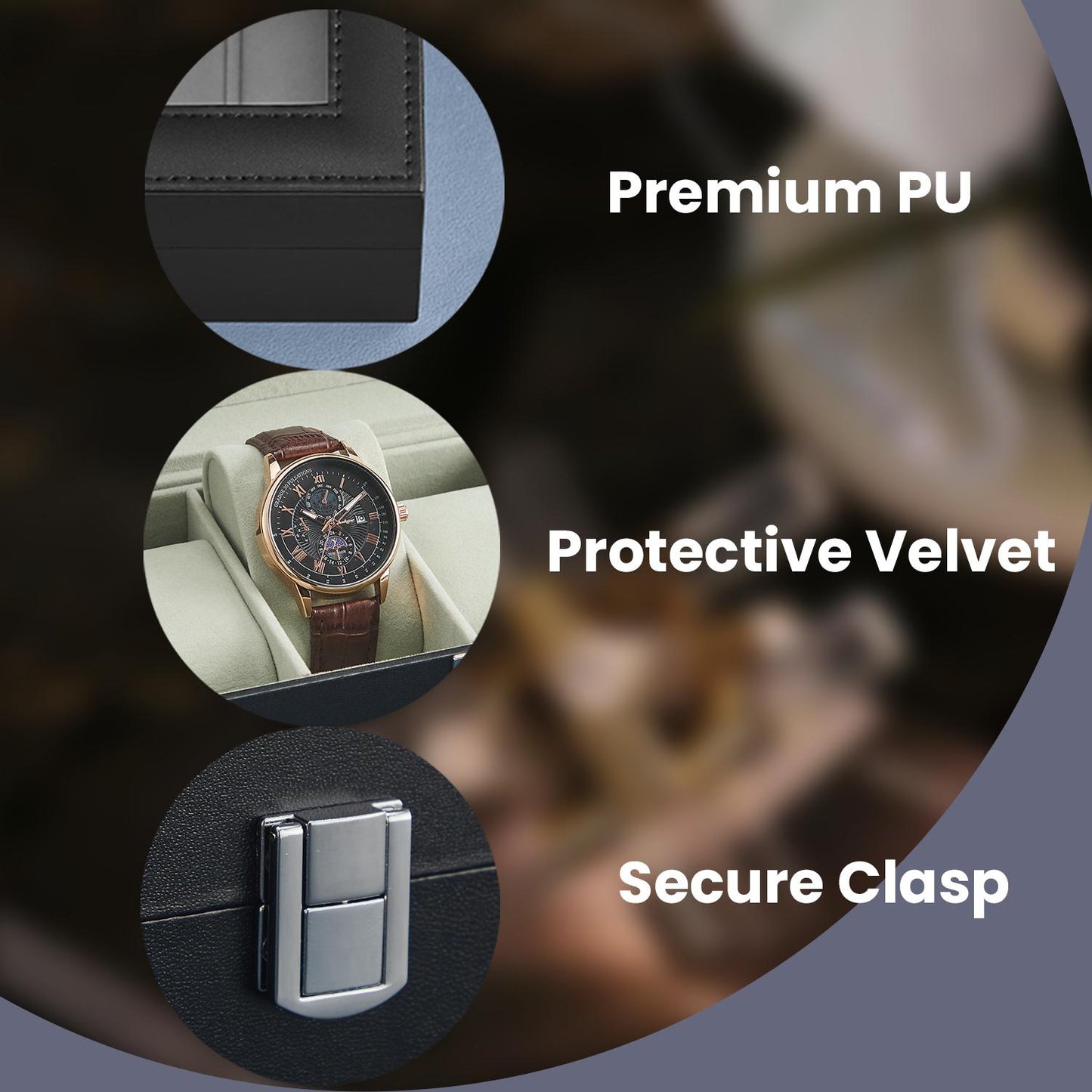 6-Slot Premium Watch Box with Glass Lid, PU Leather Case with Removable Pillows & Velvet Lining, Watch Organizer, Black Synthetic Leather, Gray Lining