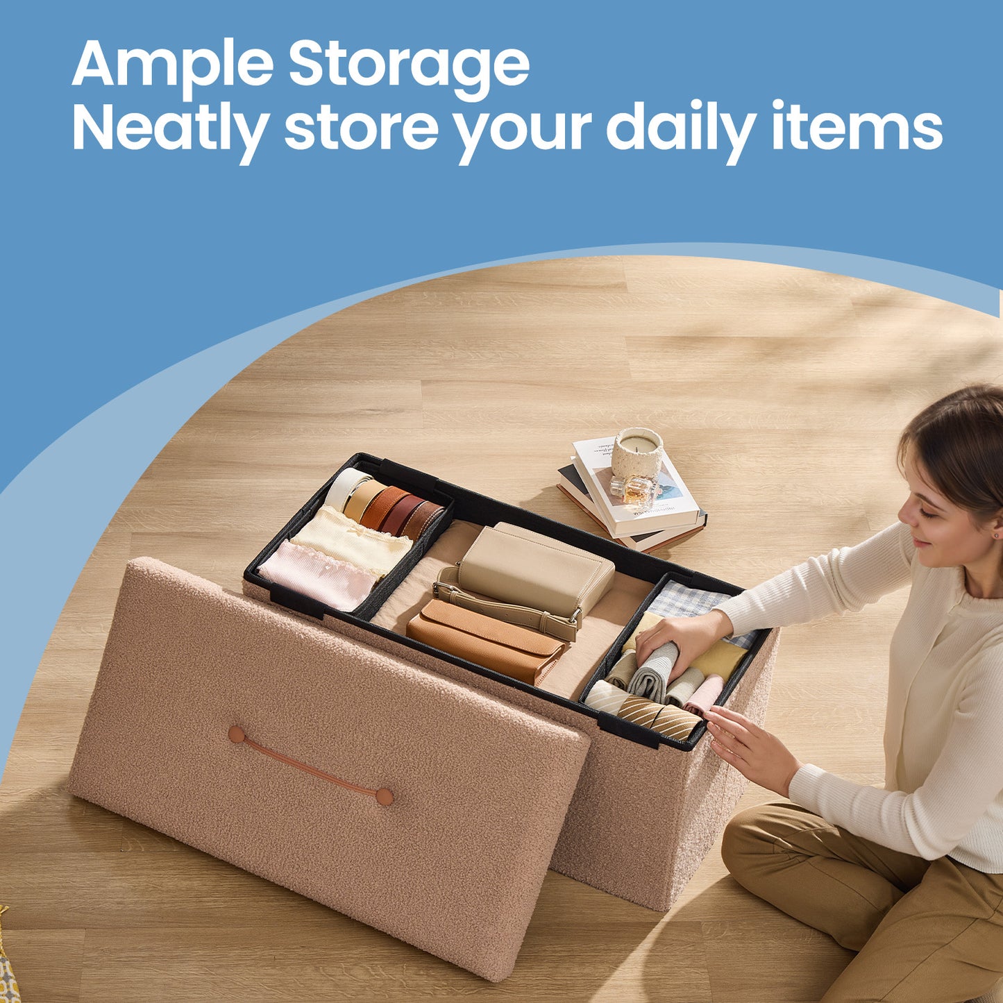 5-in-1 Storage Ottoman Bench - 660lb Capacity, 24-Gal Storage, Foldable, Multi-Functional Footrest or Seat, Camel Brown