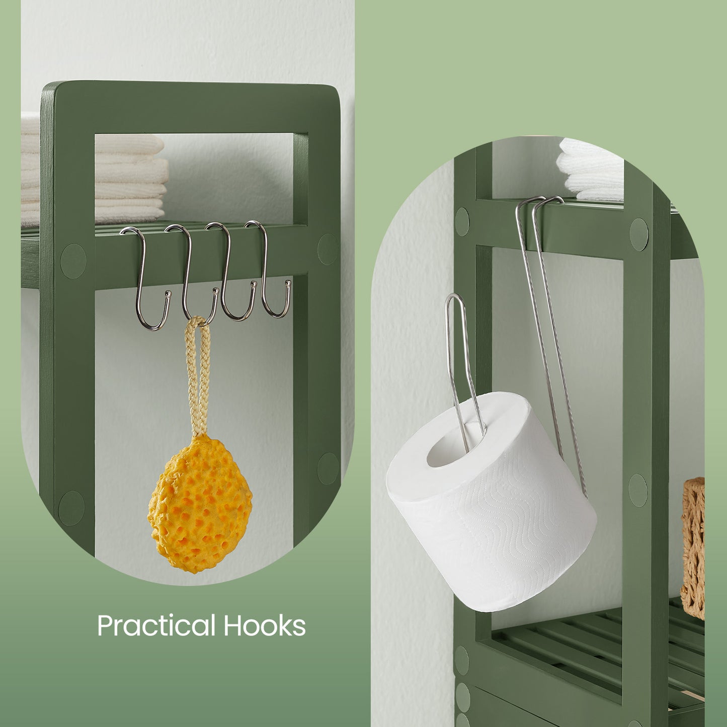 3-Tier Over-The-Toilet Storage Shelf with Adjustable Middle Tier, 4 Hooks & TP Holder ,Space-Saving Bamboo Organizer for Towels, Toiletries, Forest Green