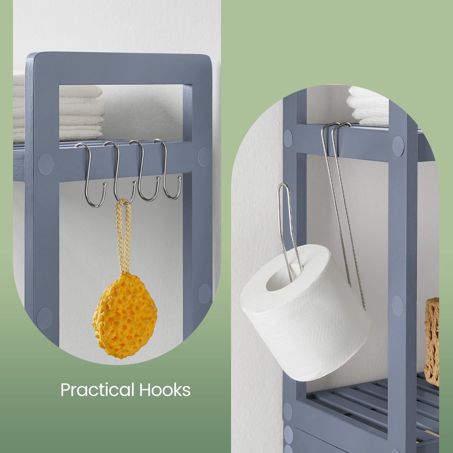3-Tier Over-The-Toilet Storage Shelf with Adjustable Middle Tier, 4 Hooks & TP Holder,Space-Saving Bamboo Organizer for Bathroom, Gray