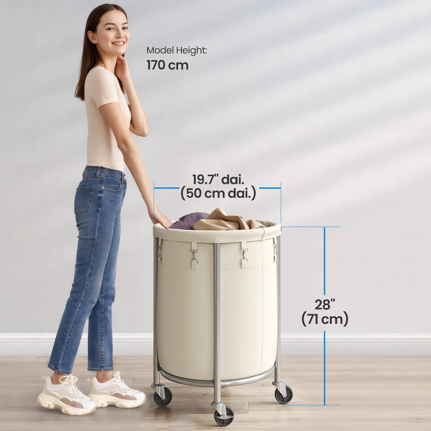 29-Gal Rolling Laundry Hamper with Wheels, Steel Frame & Removable Bag, 4 Casters (2 Brakes), Cream and Silver