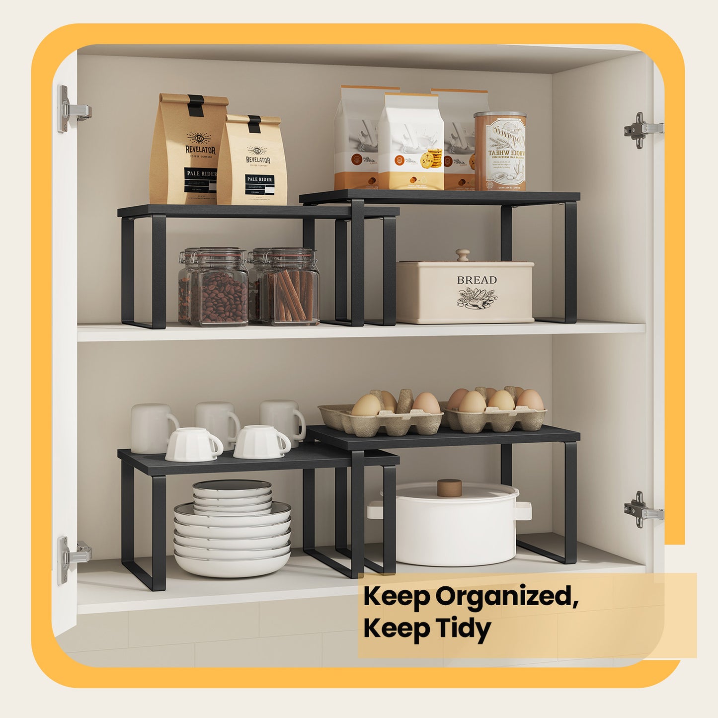 2-Tier Stackable Kitchen Shelf Organizer – Adjustable Countertop Storage for Spices, Utensils & Cookbooks，Expandable Metal，Wood Design， Black