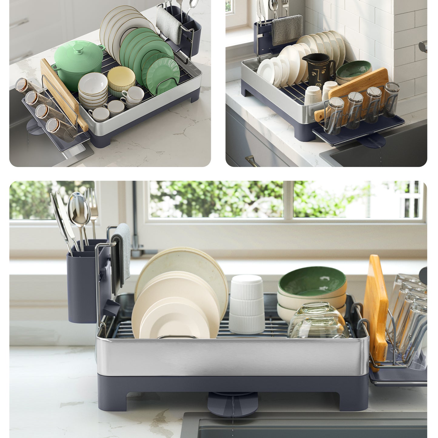 Extra Large Dish Drying Rack - Stainless Steel with 360° Drain Spout, Holds 9 Plates & Utensils, Fingerprint-Proof, Silver and Gray