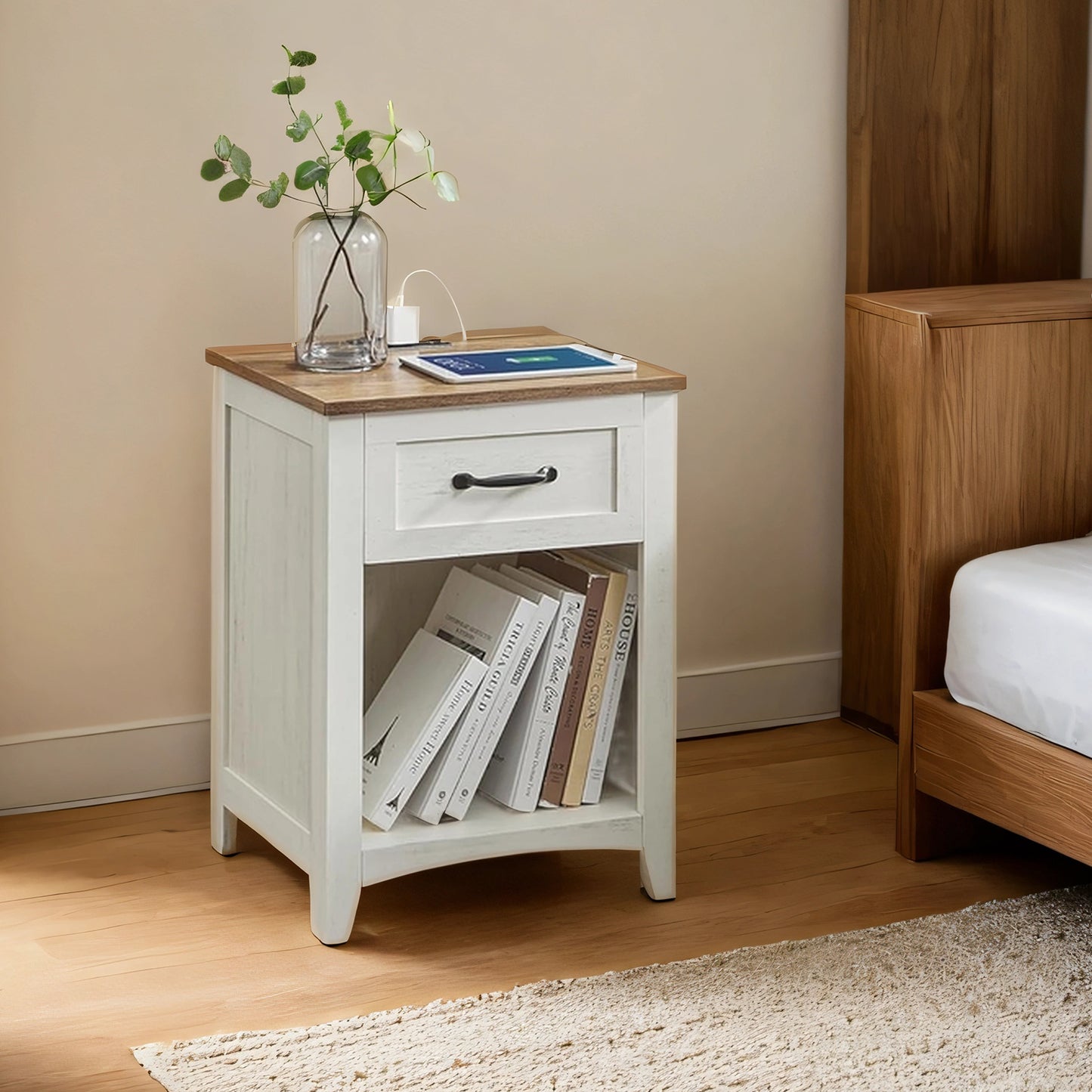 Farmhouse Nightstand Set of 2 - Rustic White Bedside Tables with Charging Station, Drawer & Open Shelf, Rustic White and Honey Brown