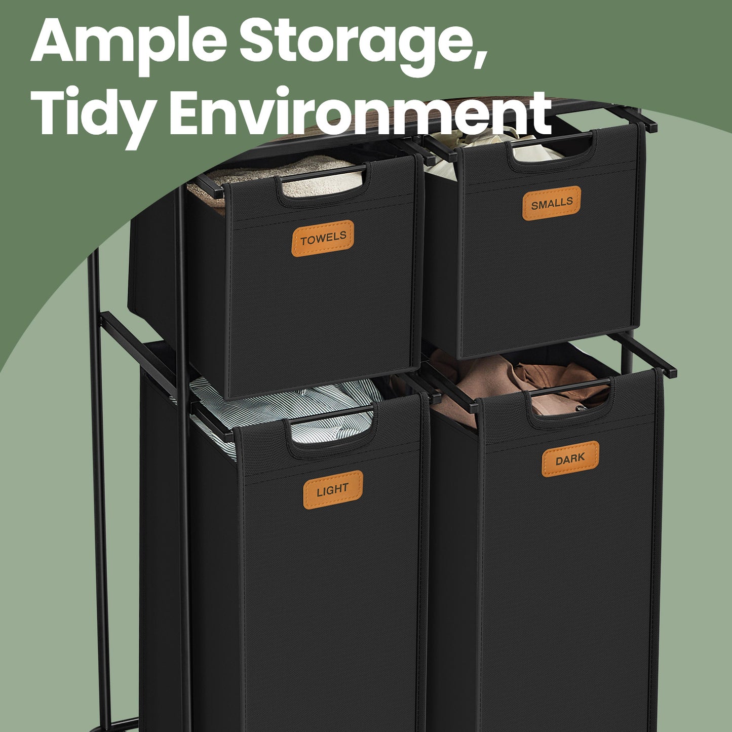4-Compartment Rolling Laundry Sorter, 39.6 Gal Capacity with Shelf & 6 Labels, Steel Frame, Removable Liners, Ink Black and Chestnut Brown