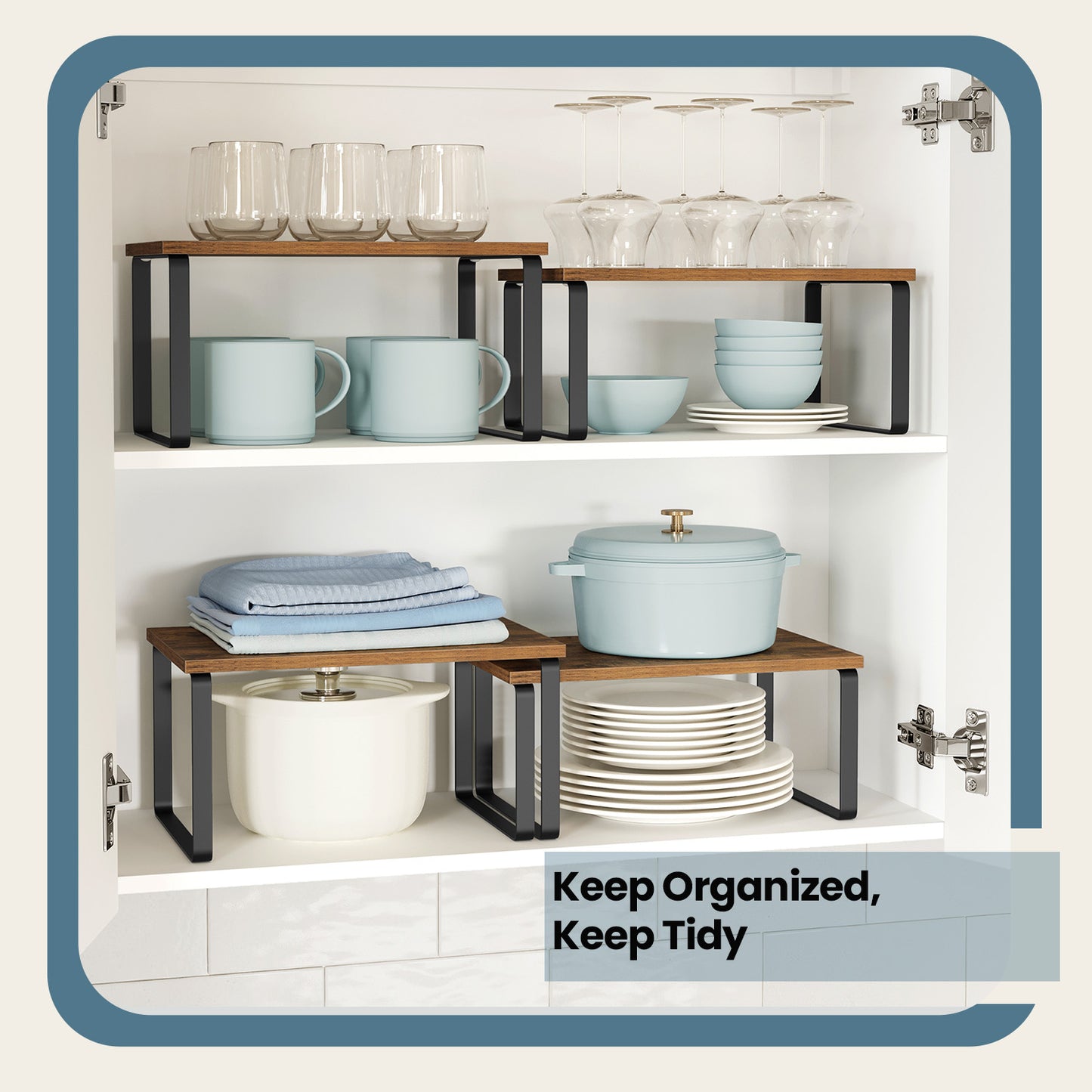 2-Tier Stackable Kitchen Cabinet Organizer Shelf, Adjustable & Expandable Storage Rack for Spices, Utensils, Books，Metal & Wood, Black，Brown