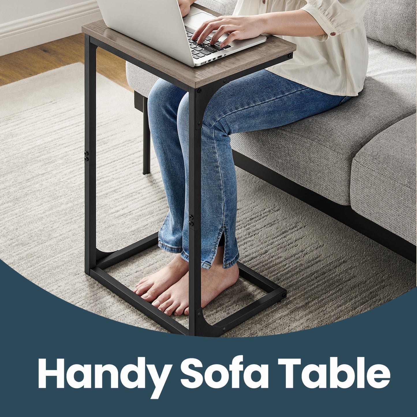 C-Shaped End Table - Sofa Side Table with Metal Frame, Space-Saving Design, 26.3" Height, Greige and Black