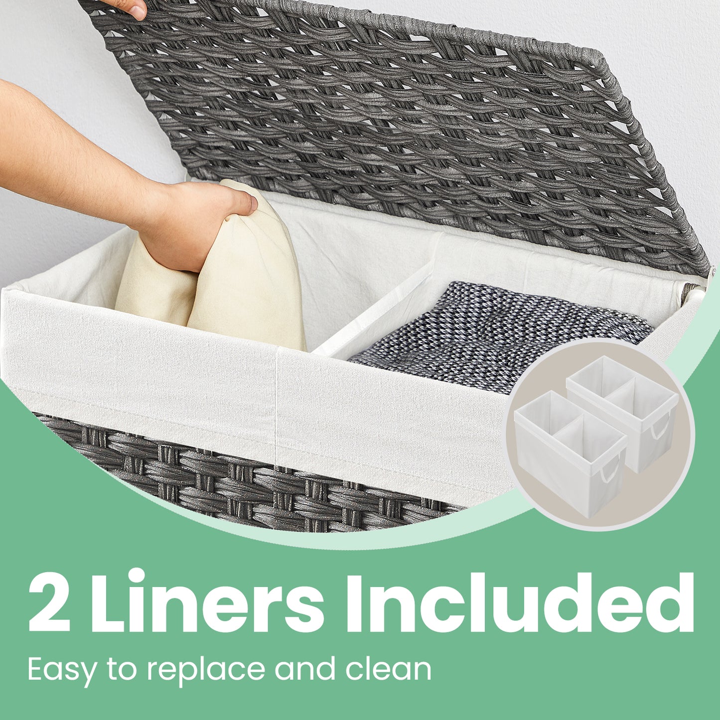 Double Compartment Laundry Hamper with Lid - 90L Capacity, 2 Removable Washable Liners, 6 Mesh Bags, Steel Frame & Wicker,  Design for Bathroom Storage, Gray