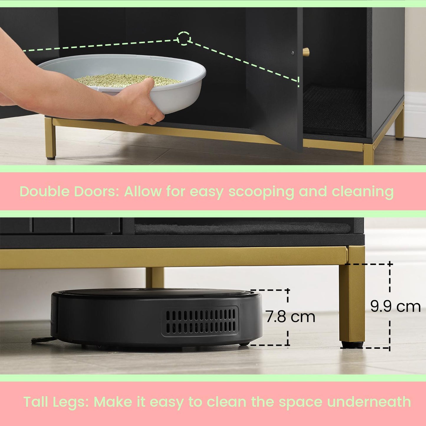 Modern Cat Litter Box Furniture - Hidden Enclosure with Scratching Mat, Dual Doors, Side Table Function, Black and Gold
