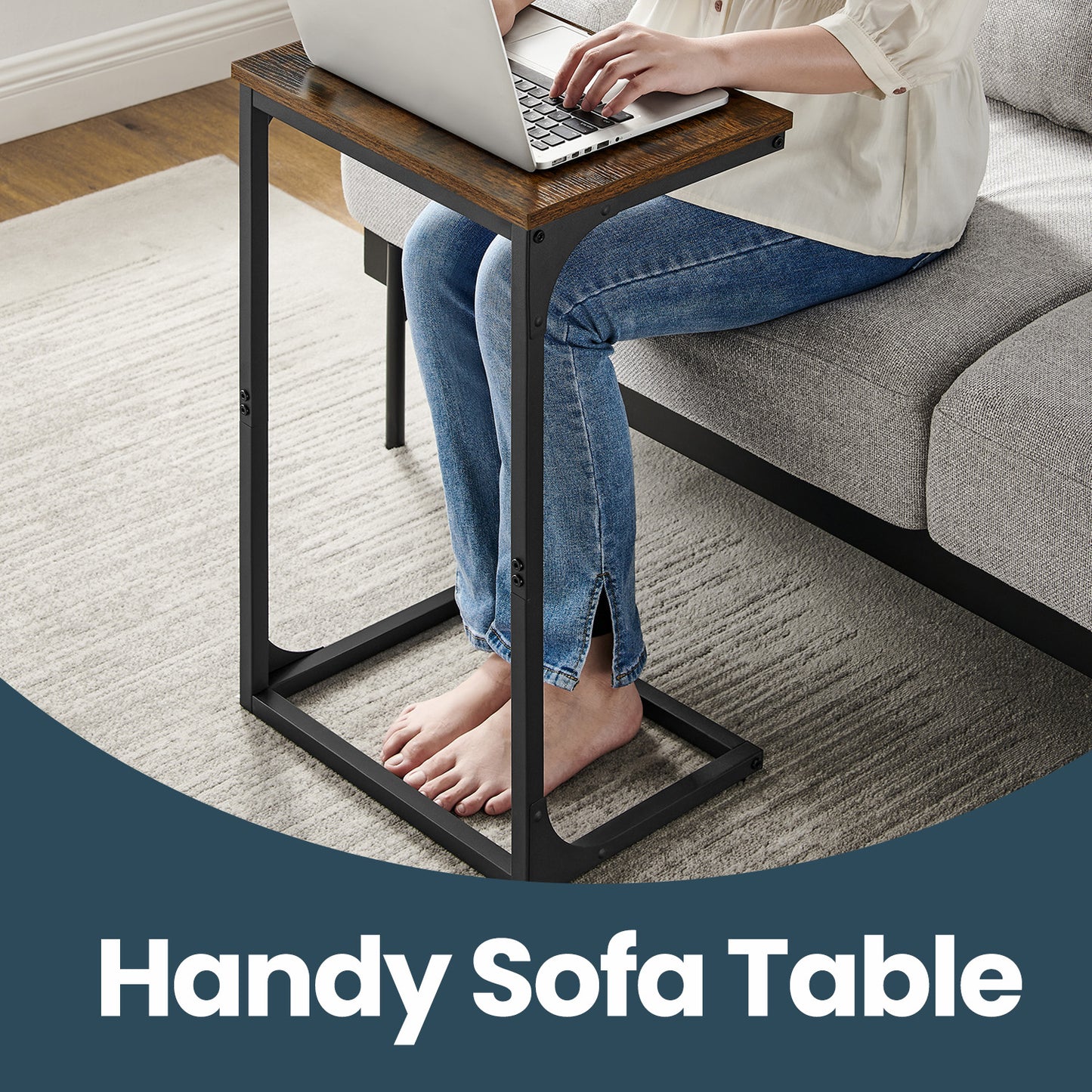 C-Shaped End Table - Sofa Side Table with Metal Frame, Space-Saving Design, 26.3" Height, Rustic Brown and Black