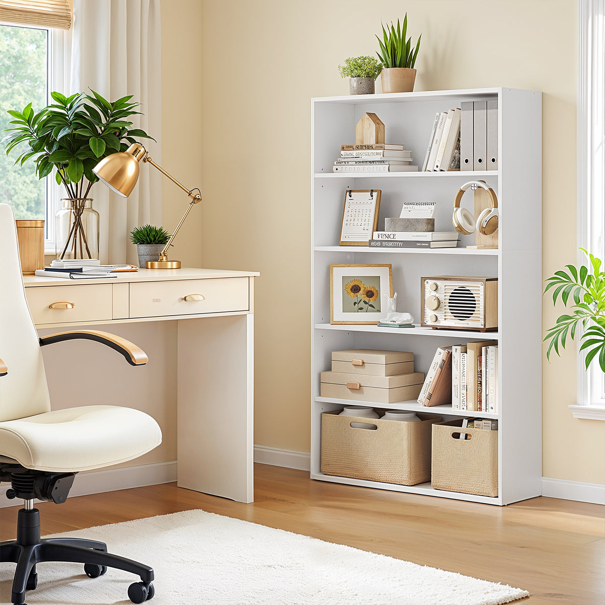 LEDREM 5-Tier Bookcase, Bookshelf, with Adjustable Storage Shelves, Open Shelving, White